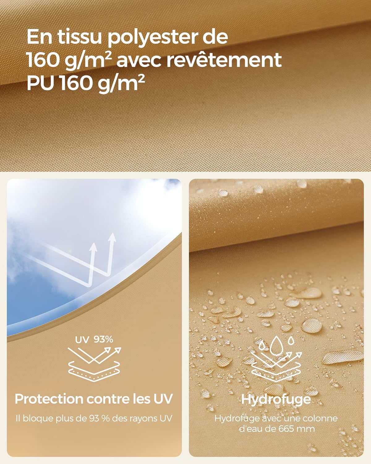 Voile d'Ombrage 3 x 4 m, Hydrofuge Colonne d’Eau de 665 mm, Polyester Anti-déchirure, Protection UV 93%, Terrasse, Jardin, Balcon, Rectangulaire, Cord - 3