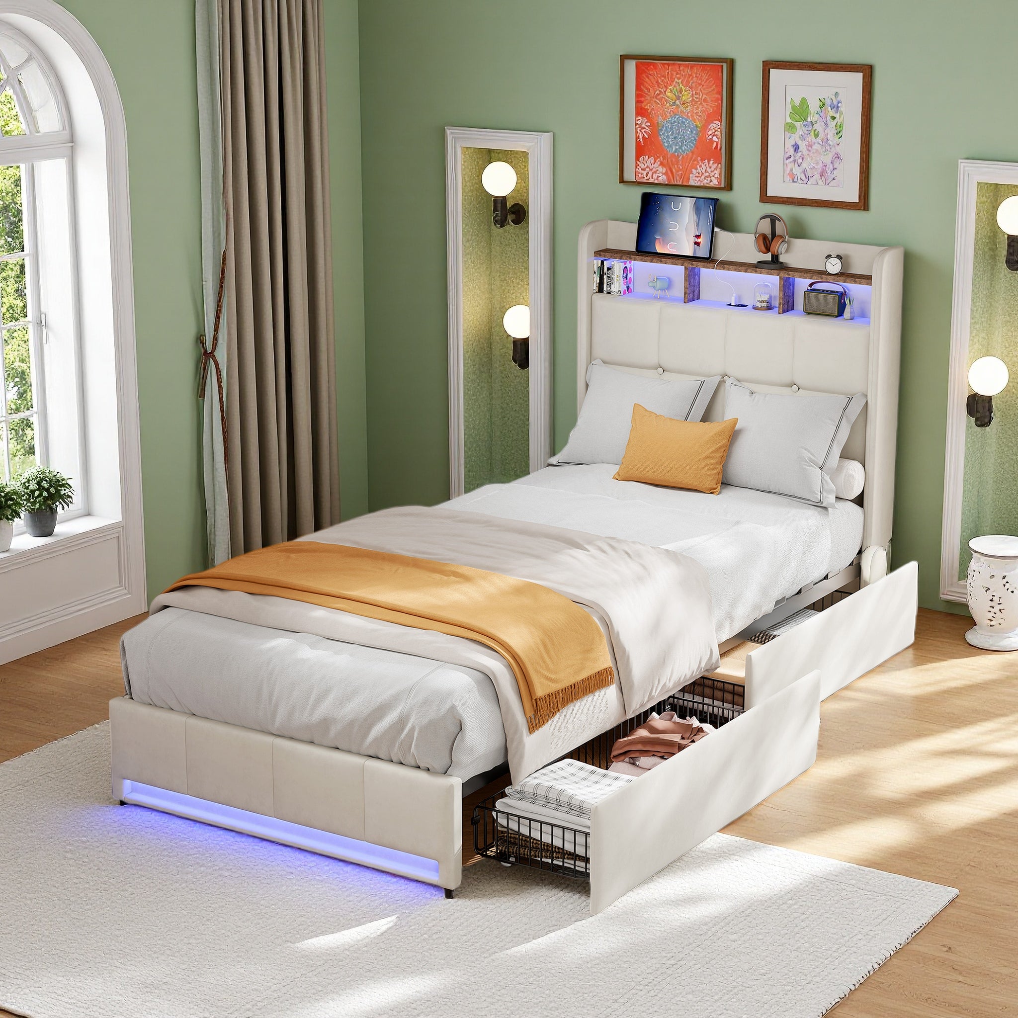 Lit simple 90x200 cm avec 2 tiroirs et tête de lit en velours beige foncé, sans matelas | Leroy Merlin Lit simple 90x200 cm avec 2 tiroirs et tête de lit en velours beige foncé, sans matelas | Leroy Merlin