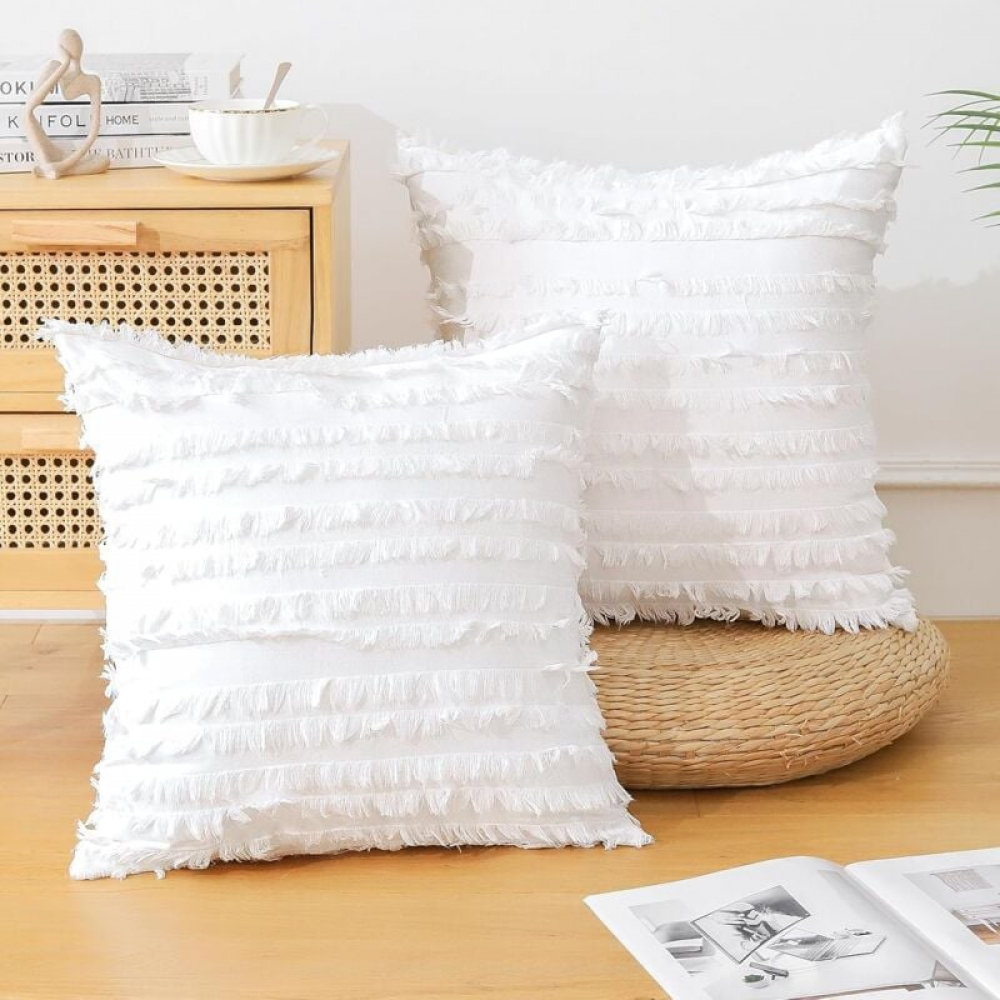 Zestaw 2 poszewek na poduszki 45x45 cm, lniana, dekoracyjna poszewka w stylu boho z frędzlami, kwadratowa poszewka na poduszkę na sofę, sypialnię, kan