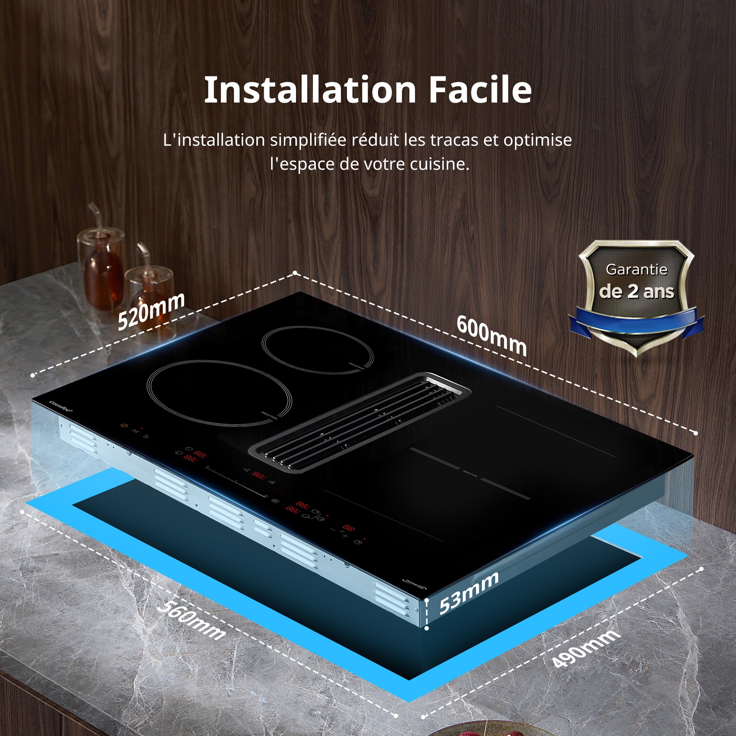 Table de cuisson à induction aspirante COMFEE CIH742FY18K0 60 cm 4 foyers + hotte intégrée 638m³/h avec kit d’évacuation partiel, 7400W, A++ - 5