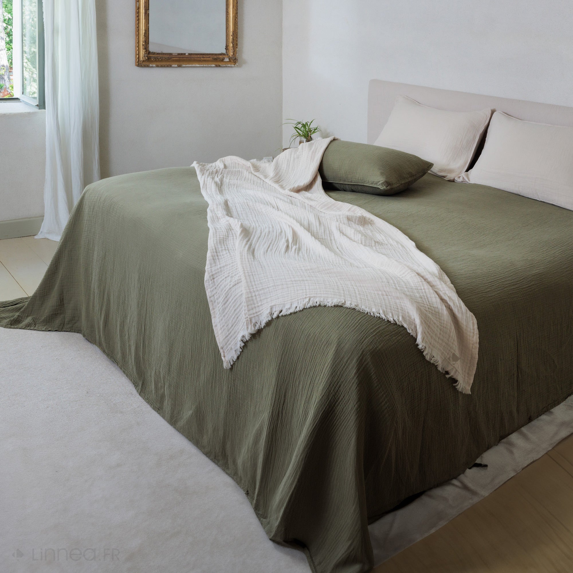 Plaid 180x240 cm en mousseline de coton collection PAROS vert lichen - 3