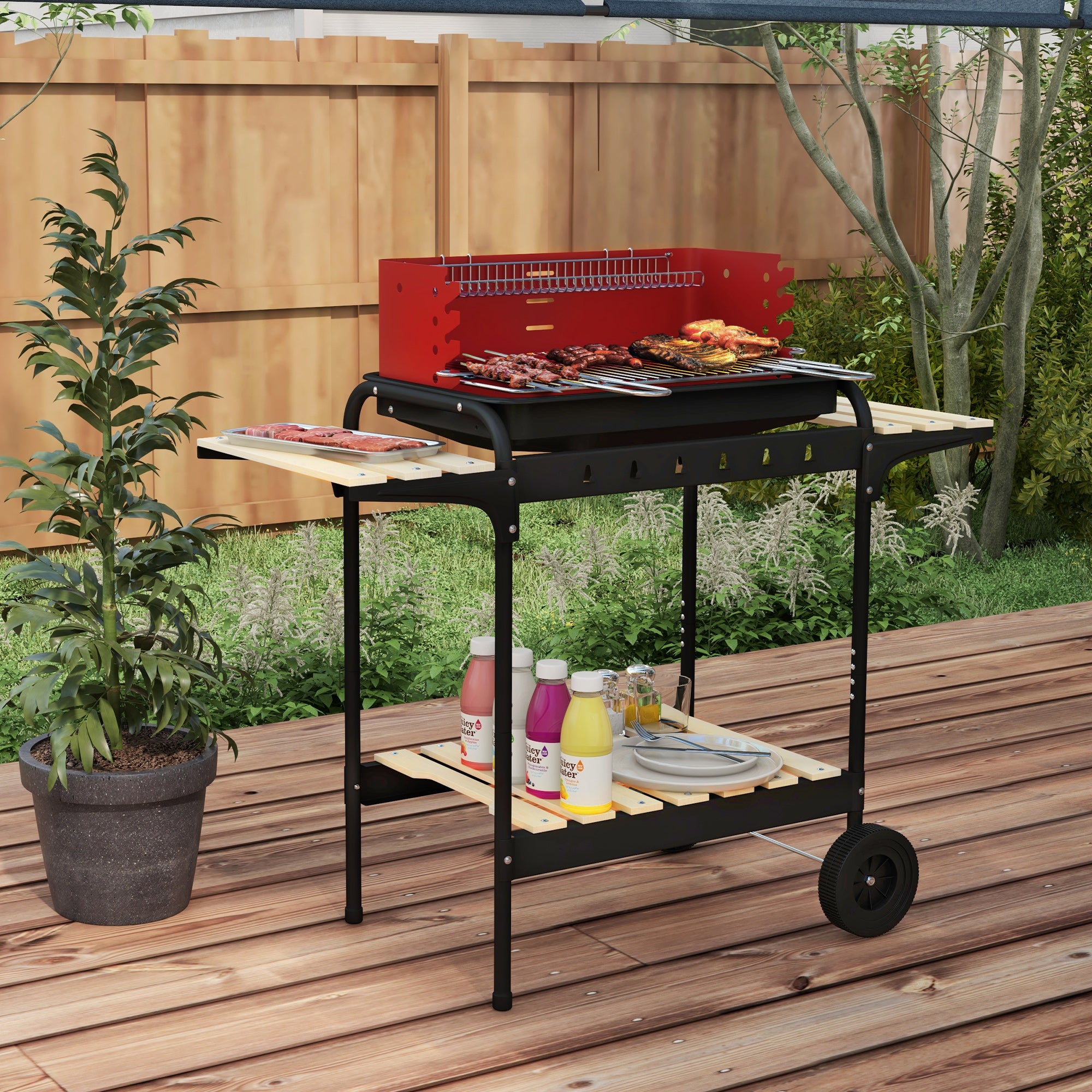 Outsunny Barbacoa De Metal, Madera De Pino 103X47x95 Cm Carbón/Rojo , Leroy Merlin