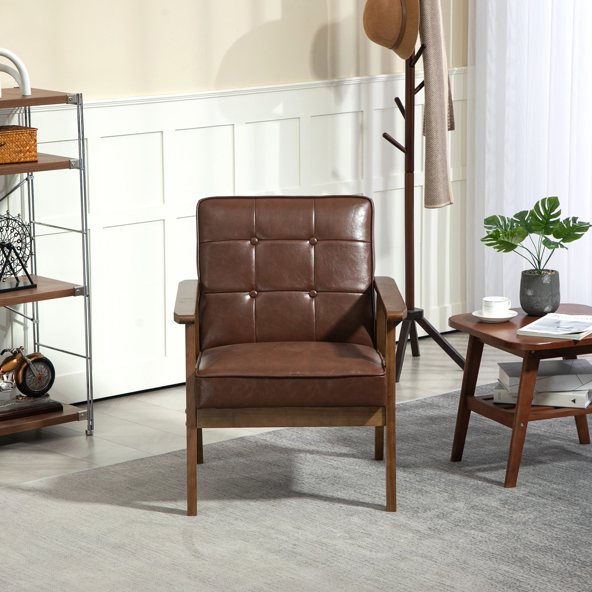 Fauteuil de salon, fauteuil de chambre en cuir synthétique, dossier capitonné, pieds en bois massif, 64x73x81cm, marron - COMFORTXL - 5