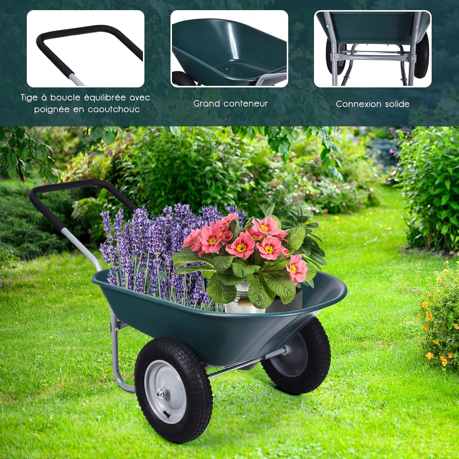 Brouette de Jardin 2 Roues Pneus Pneumatiques Ø35cm 75L Charge Max 100KG Résistante en Fer pour Jardinage/Maçonnerie Vert - 2