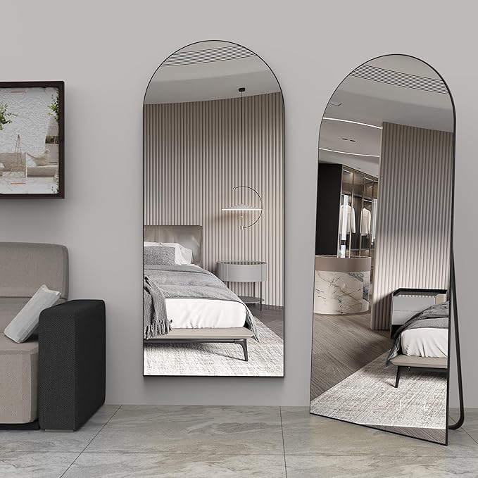 Miroir pleine longueur 165 x 60 cm, miroir de sol avec cadre en aluminium, miroir sur pied arqué lisse, noir - 6
