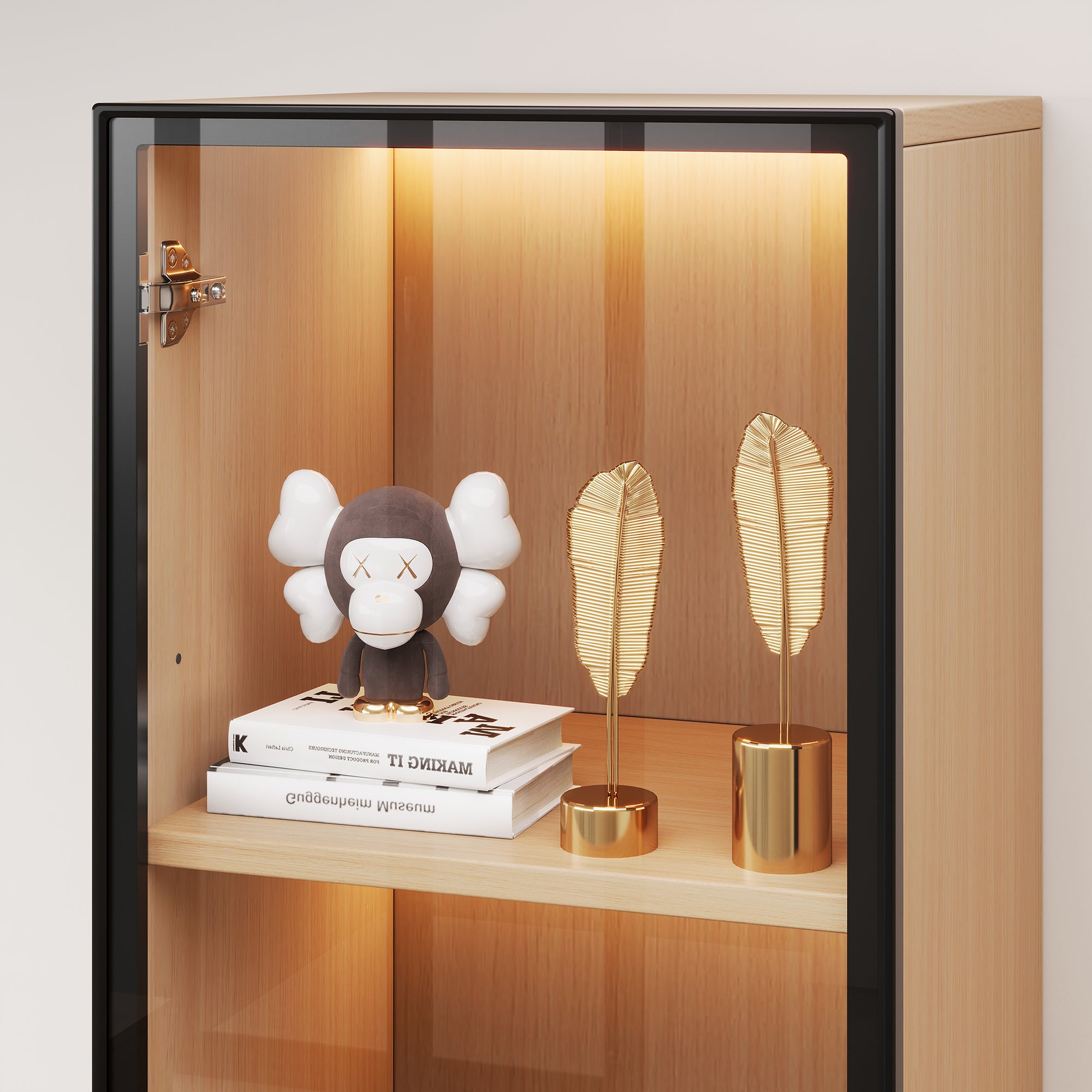 Vitrine Haute d'angle 40x40x165 cm avec LED Multicolore, Vitrine moderne avec Porte Vitrée Trempée, Charnières Amorties, Vitrine en bois Chêne - 8