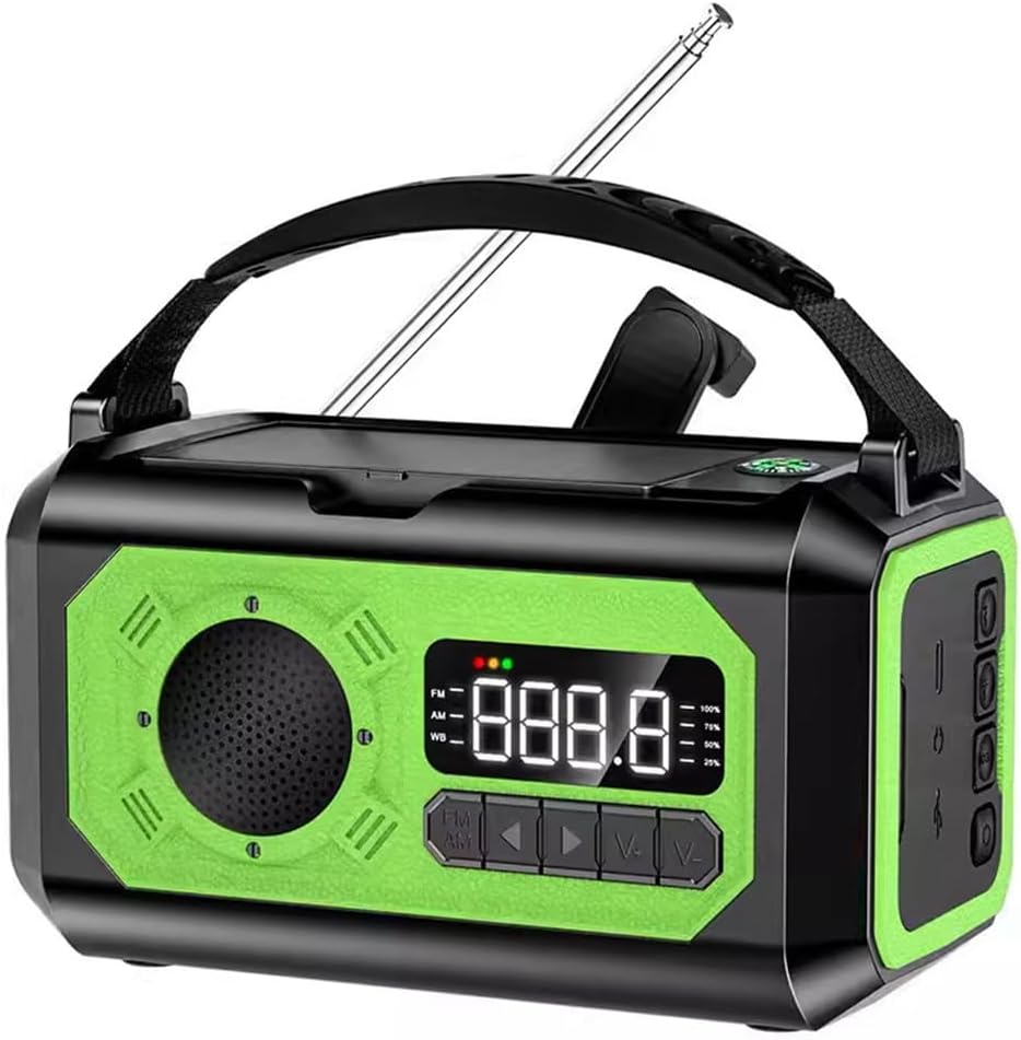 Radio pogodowe zasilane energią słoneczną o pojemności 12000 mAh, z korbką, z kanałami AM/FM/NOAA, alarmem SOS, w kolorze zielonym.