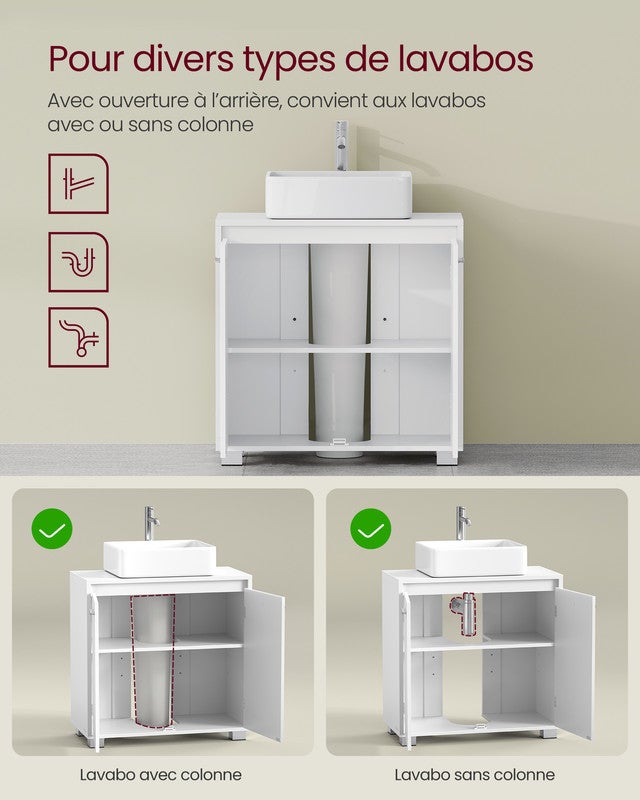 Meuble sous Lavabo, 2 Compartiments derrière Les Portes, pour Divers Types de Lavabos, avec Pieds, 30 x 60 x 60 cm, Blanc Nuage - 4