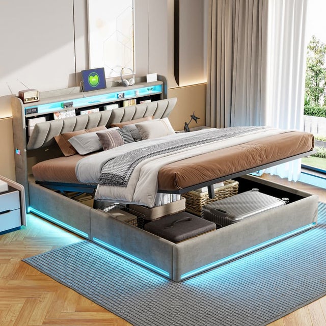 Lit Moderne 140x200 Avec Lumières LED, Rangements Et Prise USB - Gris Ou Blanc, En Simili Cuir, Pour Chambre Adulte Ou Enfant