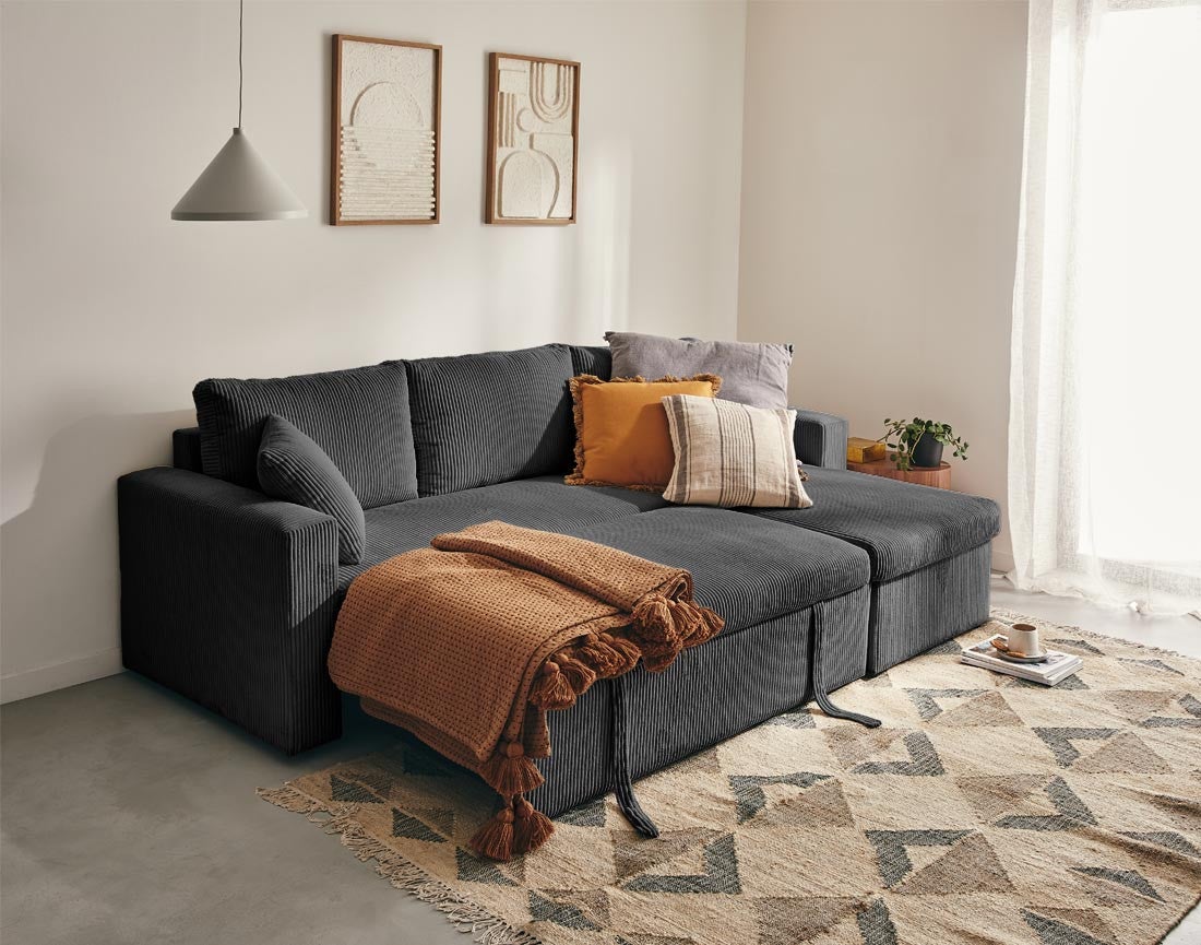 Canapé d'angle convertible 4 places en velours côtelé gris foncé - CYRUS - Best Mobilier - 3
