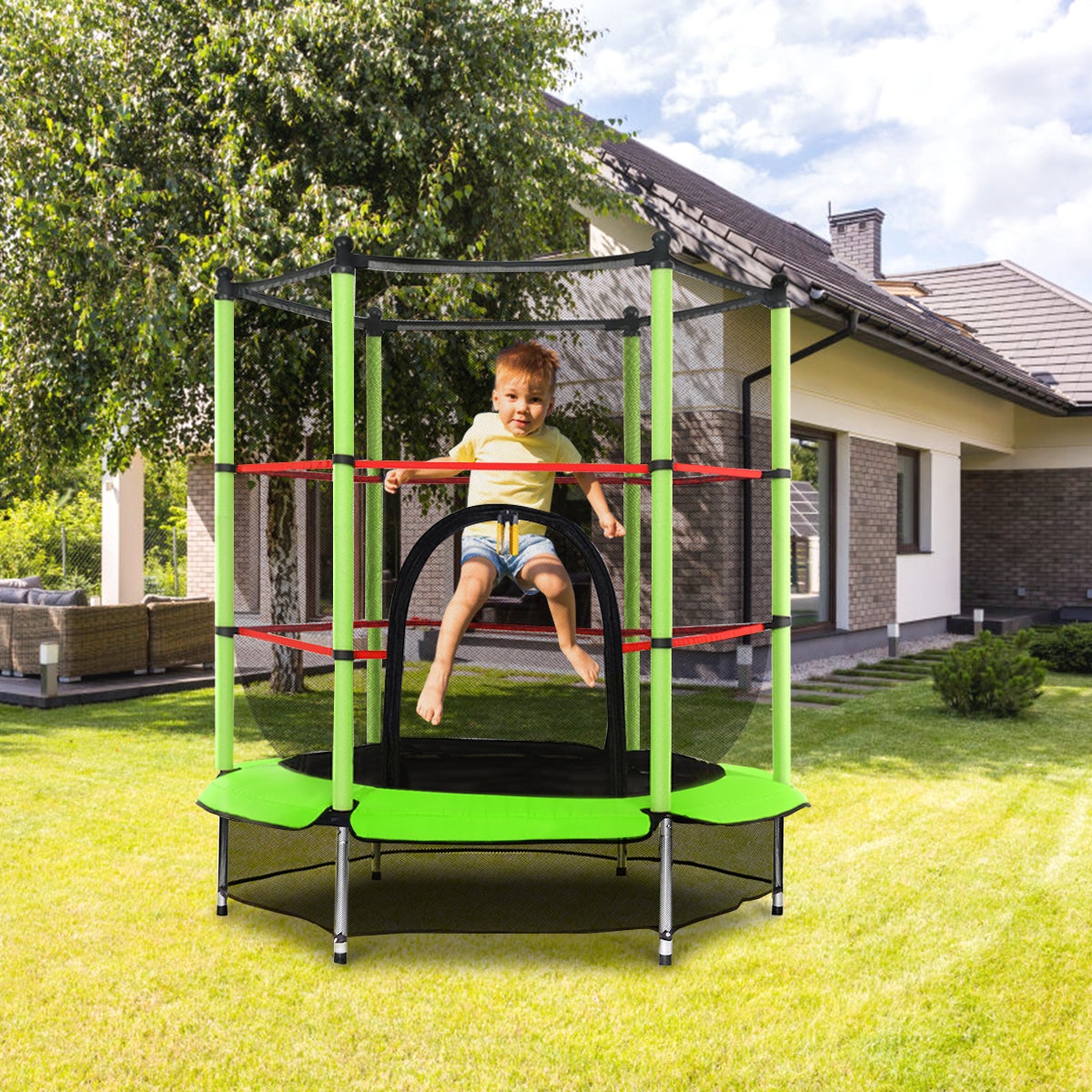 Trampolino Elastico Bambino in Acciaio, Tappeto Elastico Bambini da Esterno e da Interno, con Rete e Cusicnetti Antiscivolo (Verde, 165 x 165 - 8