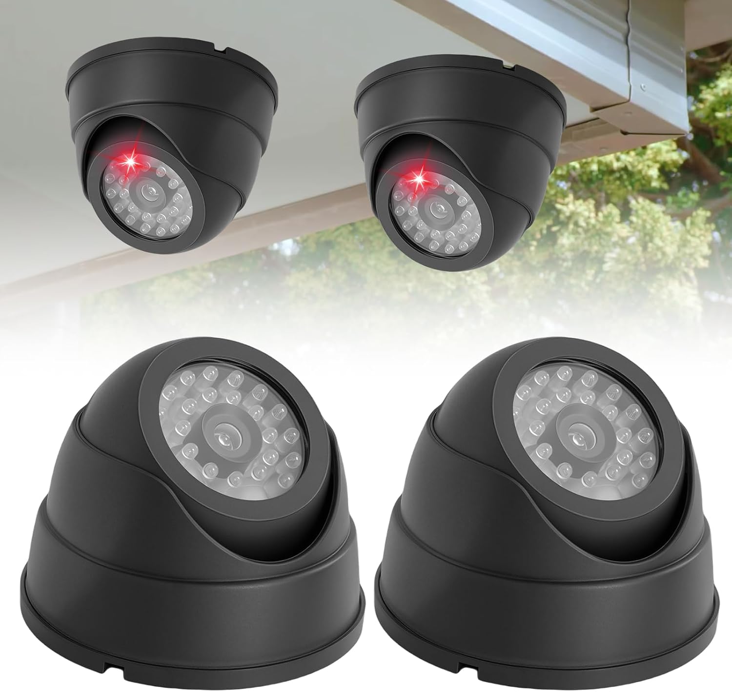 Zestaw 2 atrap kamer do monitoringu CCTV do użytku zewnętrznego z migającą czerwoną diodą LED, atrapa kamery do monitoringu do użytku wewnętrznego i z