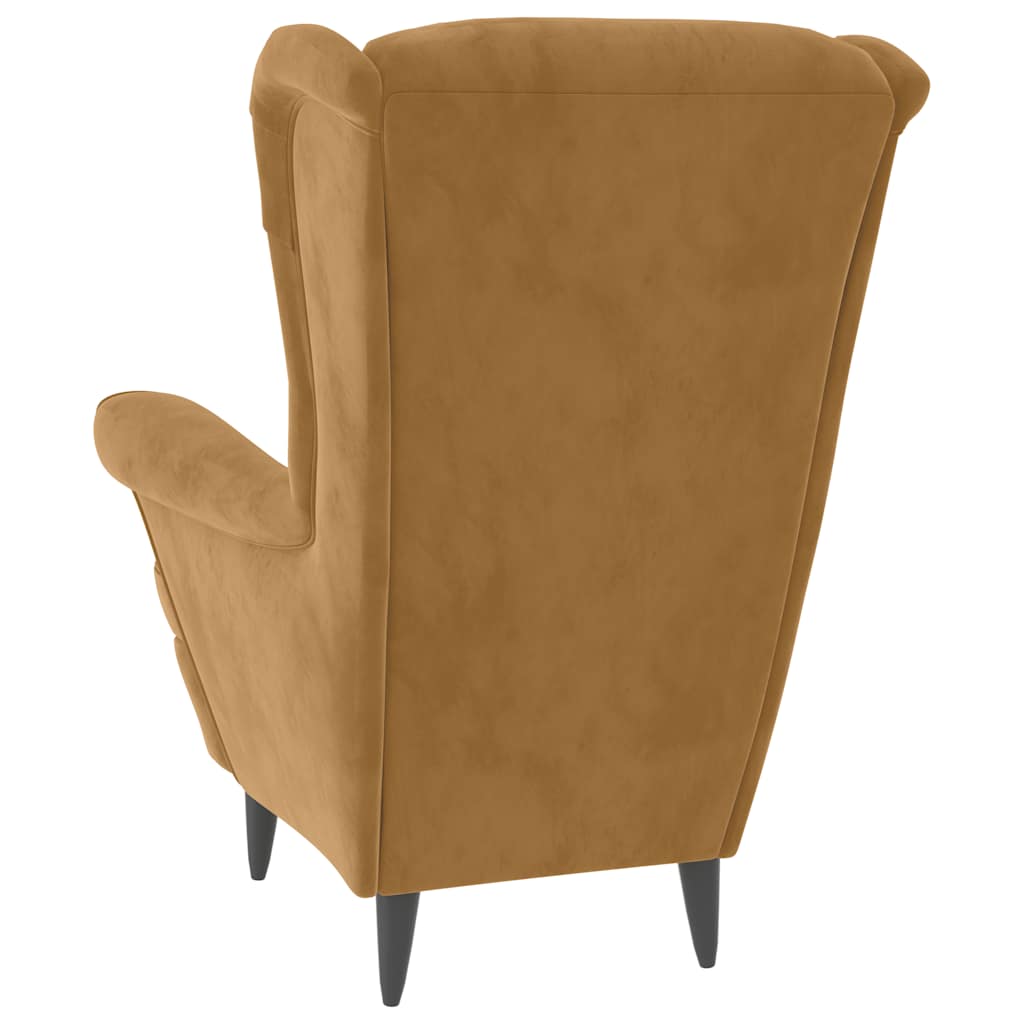 Fauteuil à oreilles avec tabouret marron en velours - 6