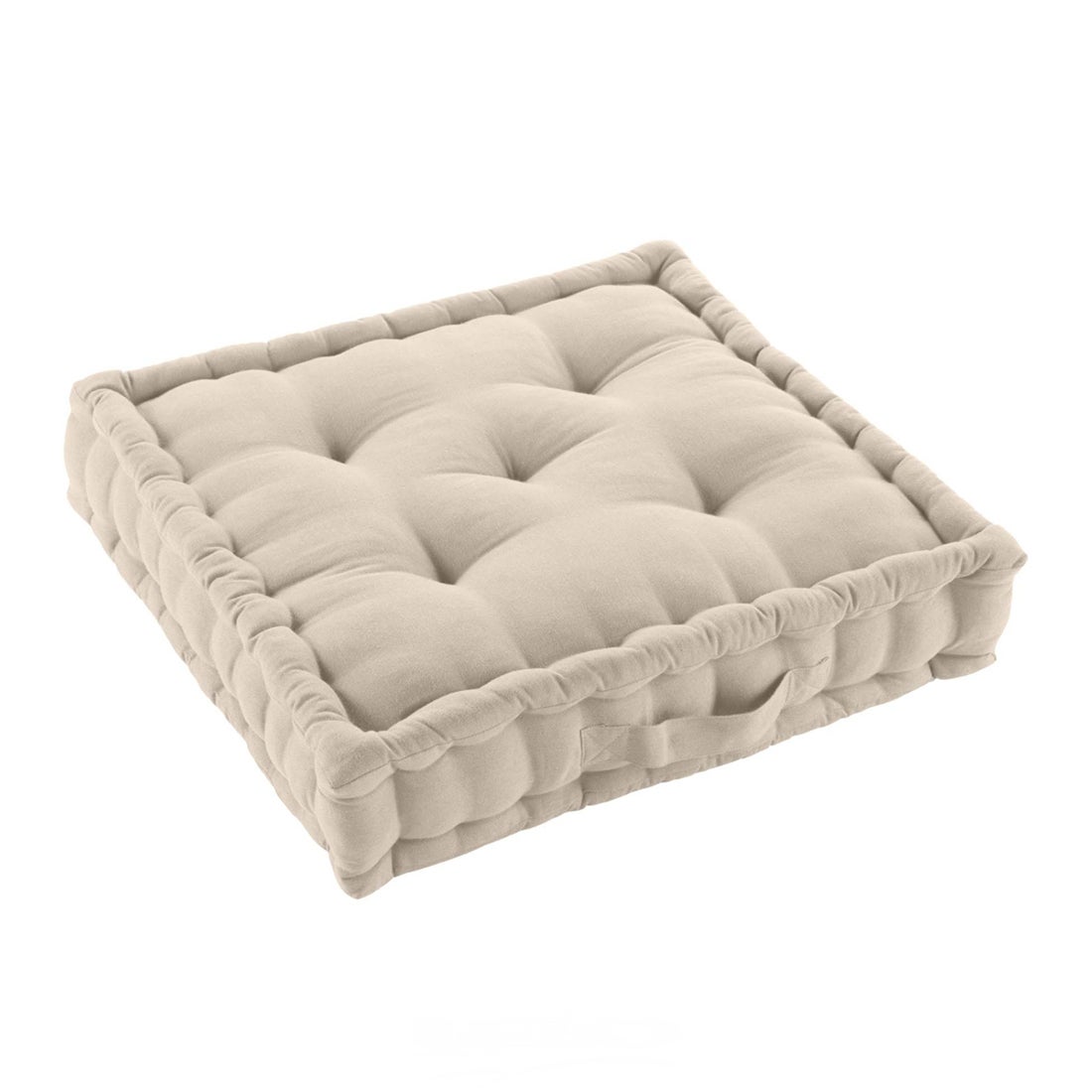 Acomoda textil – cojín de suelo acolchado con asa de transporte 50x50x10 cm. cojines para palets, banco, silla y suelo. (beige, 1 unidad)