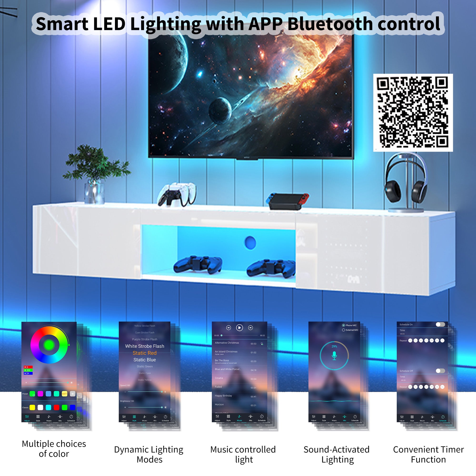 Meuble TV suspendu avec 2 portes et compartiment ouvert - 160 x 31 x 22 cm - LEDs - Panneau de particules - Blanc brillant - 6