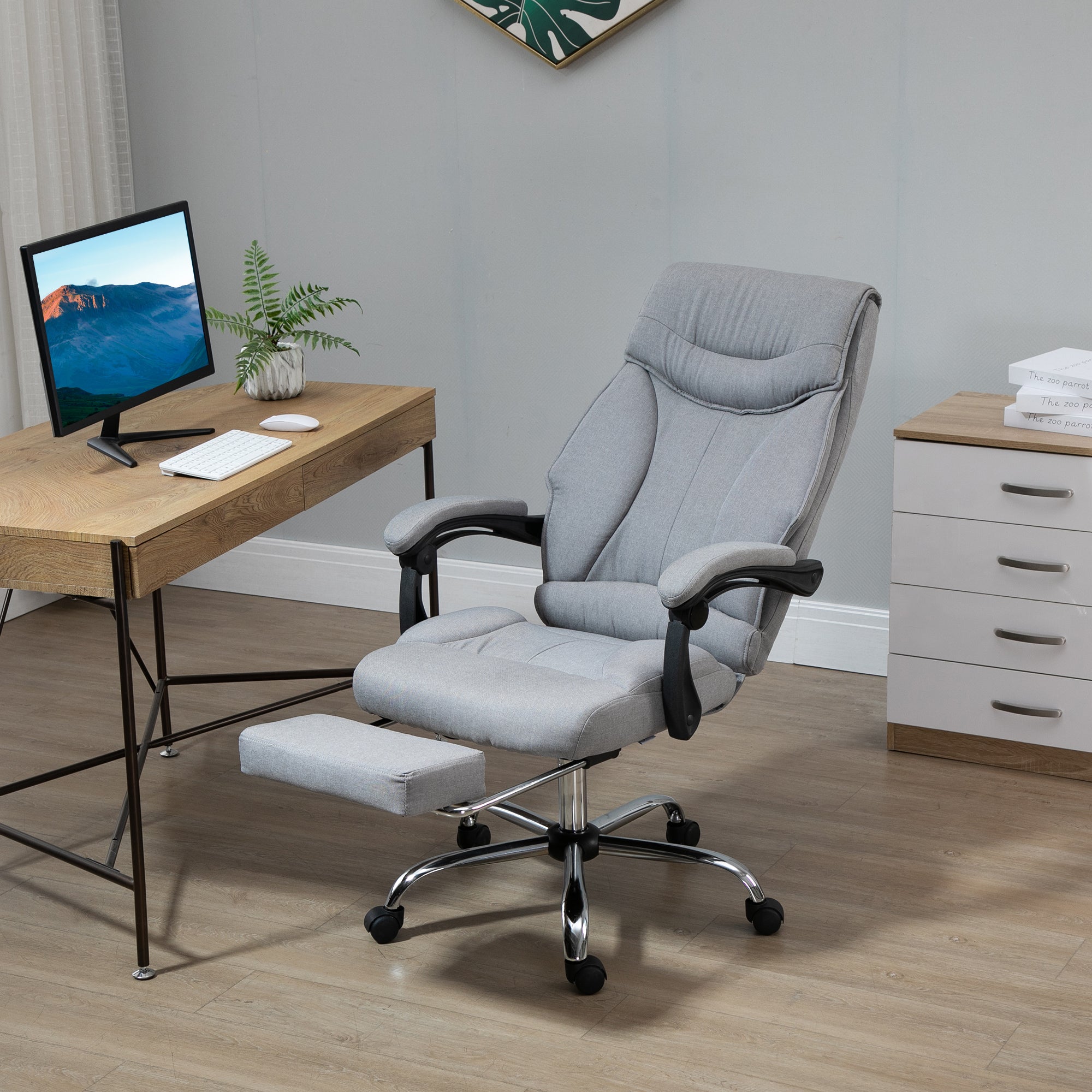 Vinsetto Poltrona Da Ufficio Ergonomica In Tessuto Grigio Con Poggiapiedi Retrattile E Inclinazione 135°