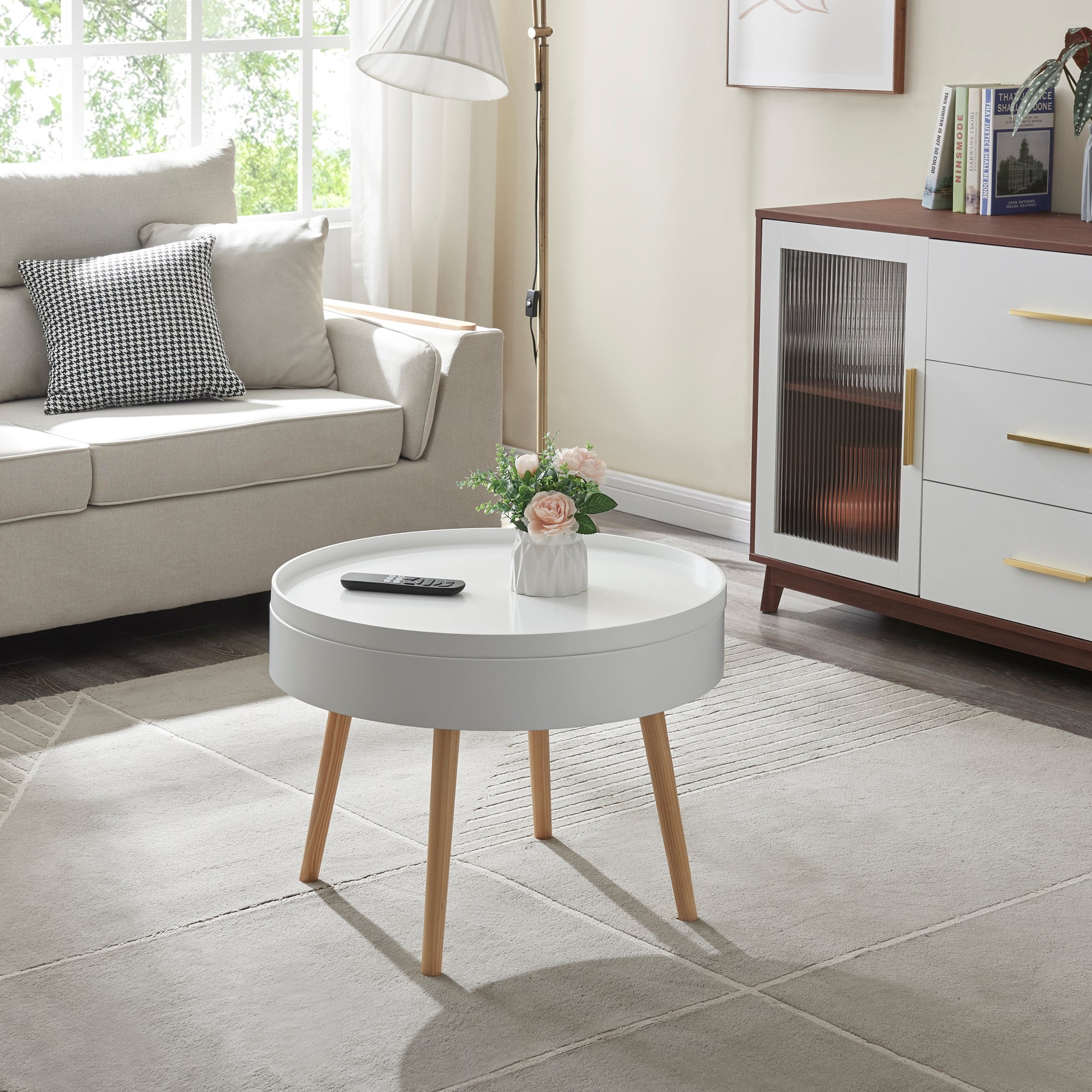 Table Basse Ronde Avec Plateau Amovible – Plateau Rainuré Et Rangement Intégré