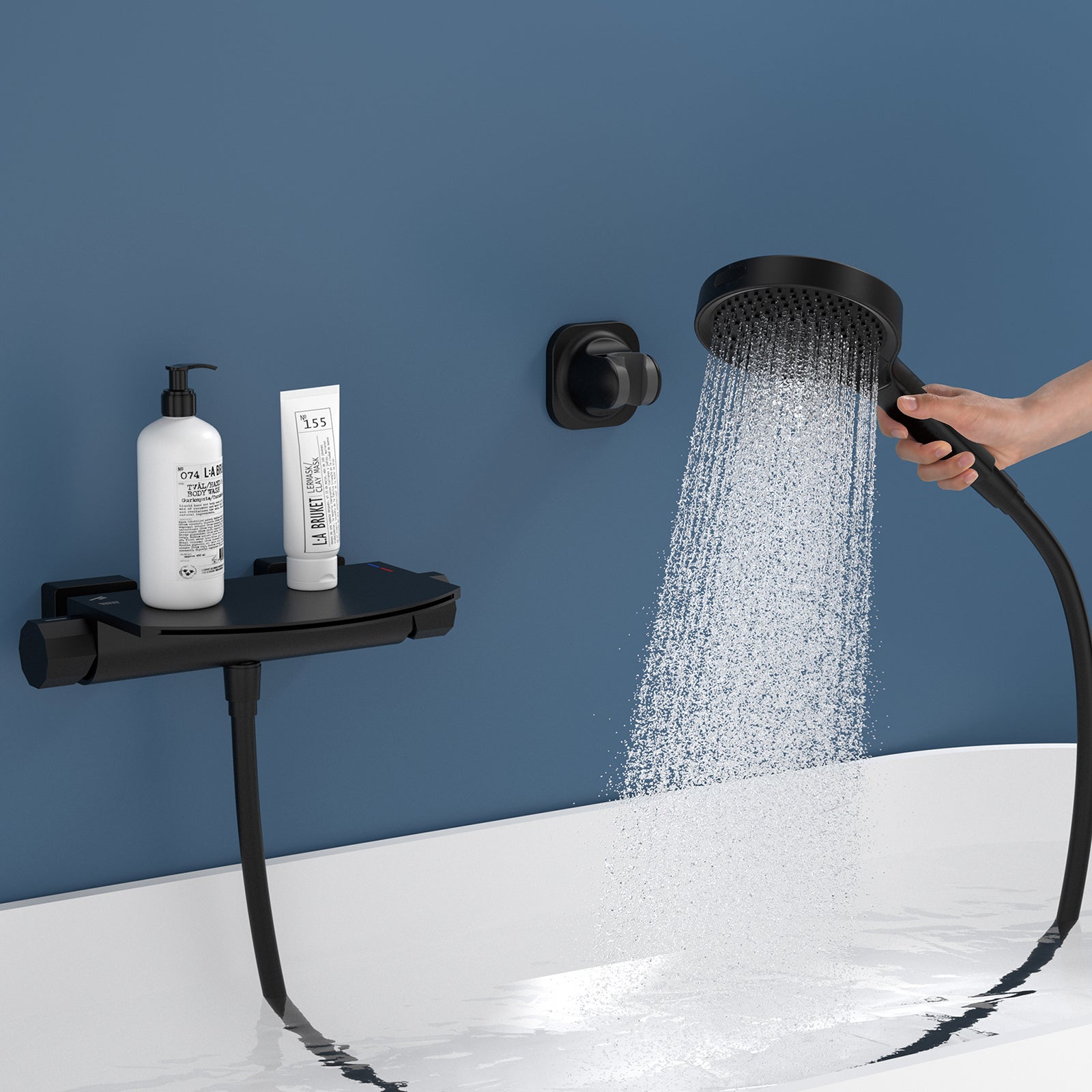 Mitigeur de Baignoire Cascade Extra-Large en Laiton avec Douchette 3+1 Modes et Étagère, Robinet Mural Noir Grand Débit - 9
