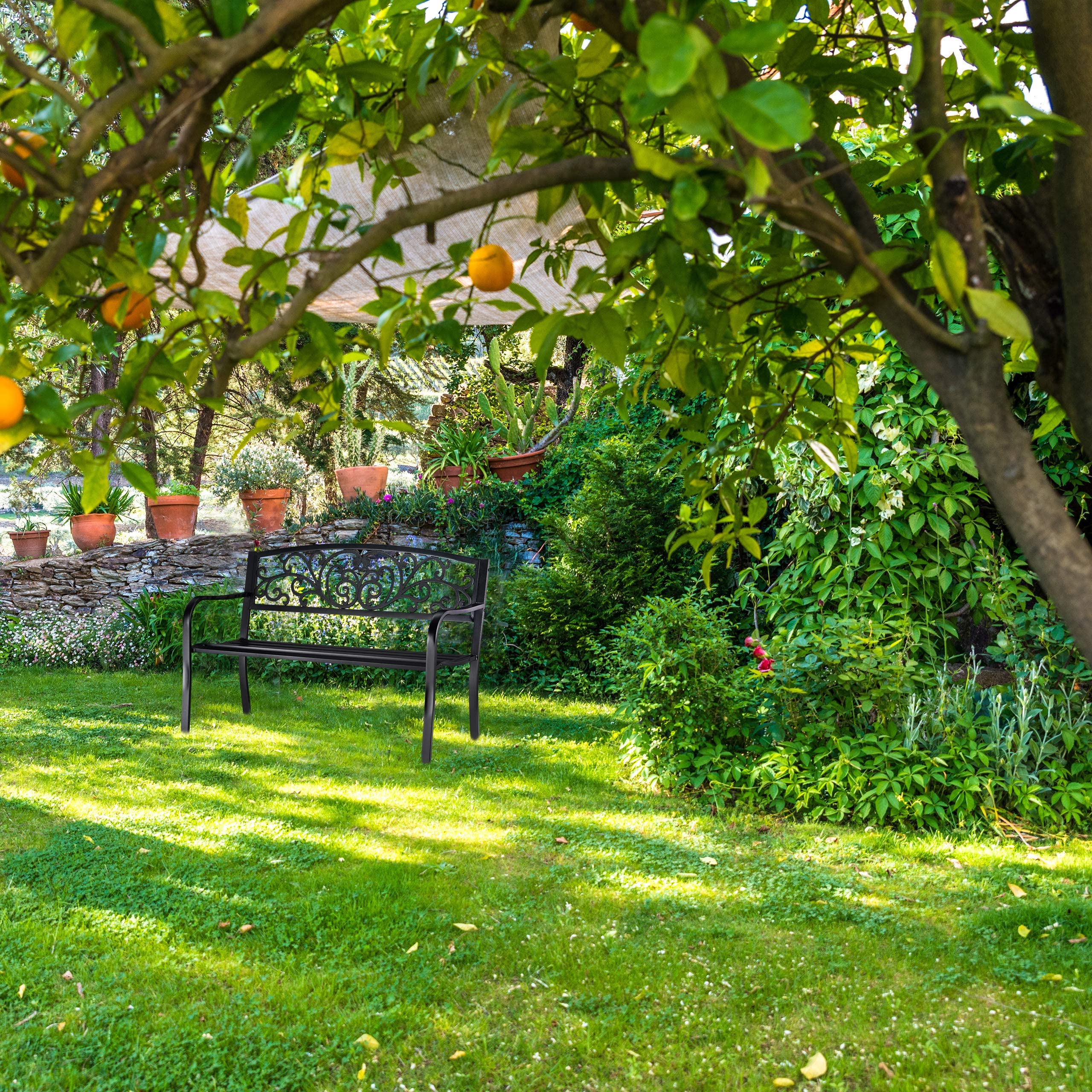 Banc de jardin, 2 places, confortable, ornements vintage, terrasse, balcon, HLP 86,5 x 127 x 60 cm, noir, Relaxdays - 9