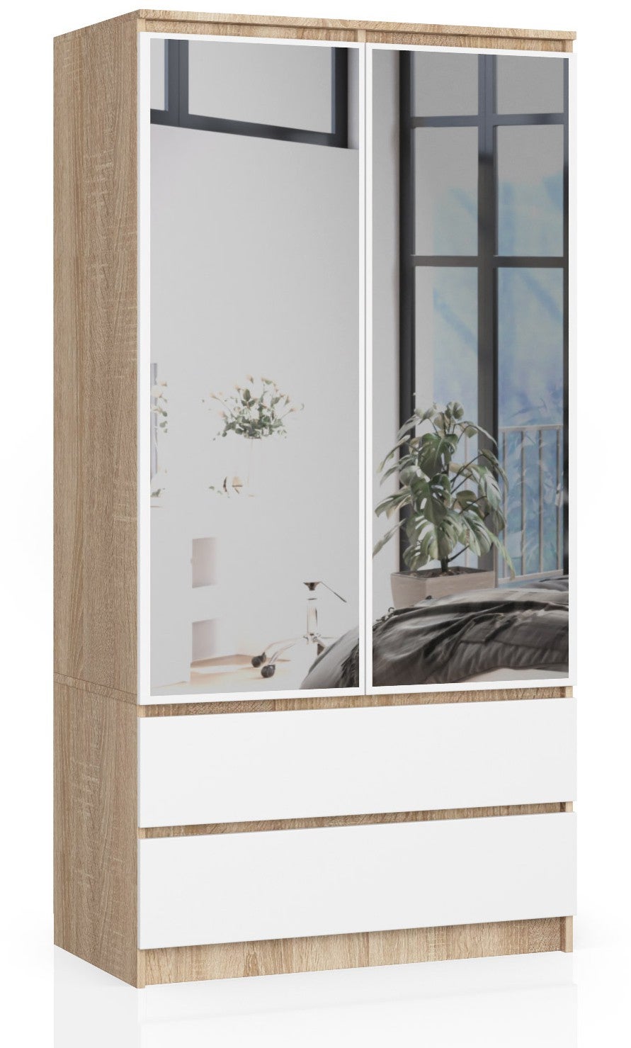 Szafa AKORD S90 Dąb Sonoma 90 cm z lustrem 2 drzwi 2 szuflady kolor Biały mat 4 półki 90x51x180 cm