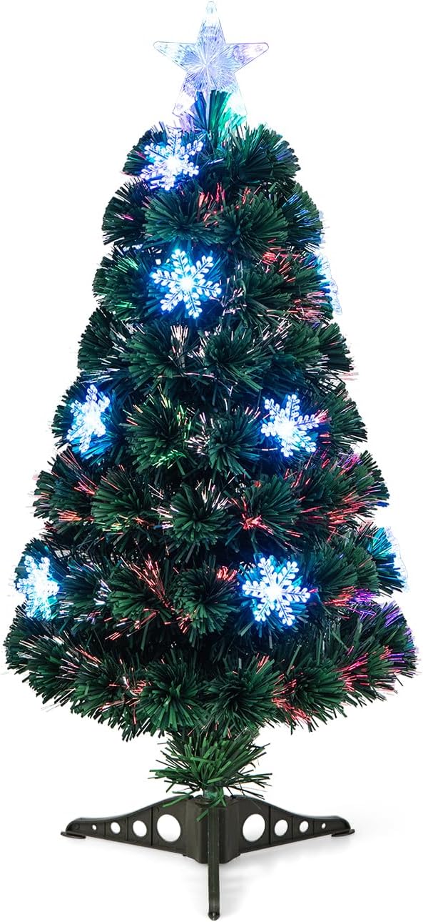 Sapin de Noël Artificiel 90 CM, Arbre de Noël Fibre Optique avec Socle,85 Branches,12 Flocons de Neige et 1 Étoile Sommet, Feuilles en PVC