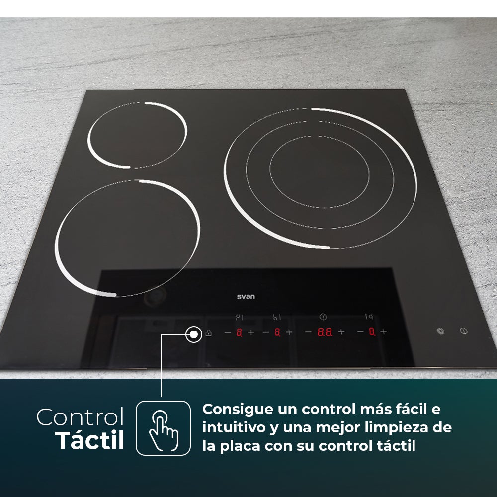Placa de Vitrocerámica Svan, SV3601, Potencia máx, 6200 W, 3 Zonas de Cocción, 9 Niveles de Cocción, Control Táctil - 3