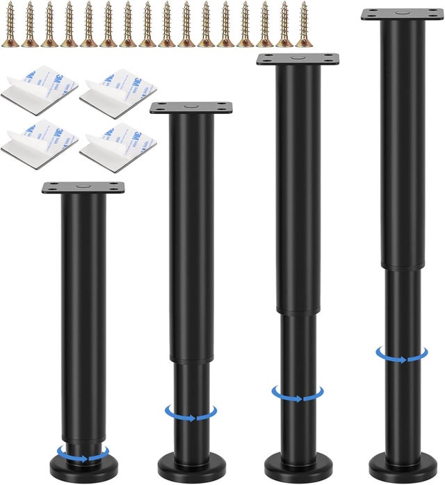 4 pcs Pied Reglable pour Meuble, 25-42 cm Adjustable Pieds de Lit, Steel Pied Meuble Salle de Bain,Rubber Base and Fittings, Noir