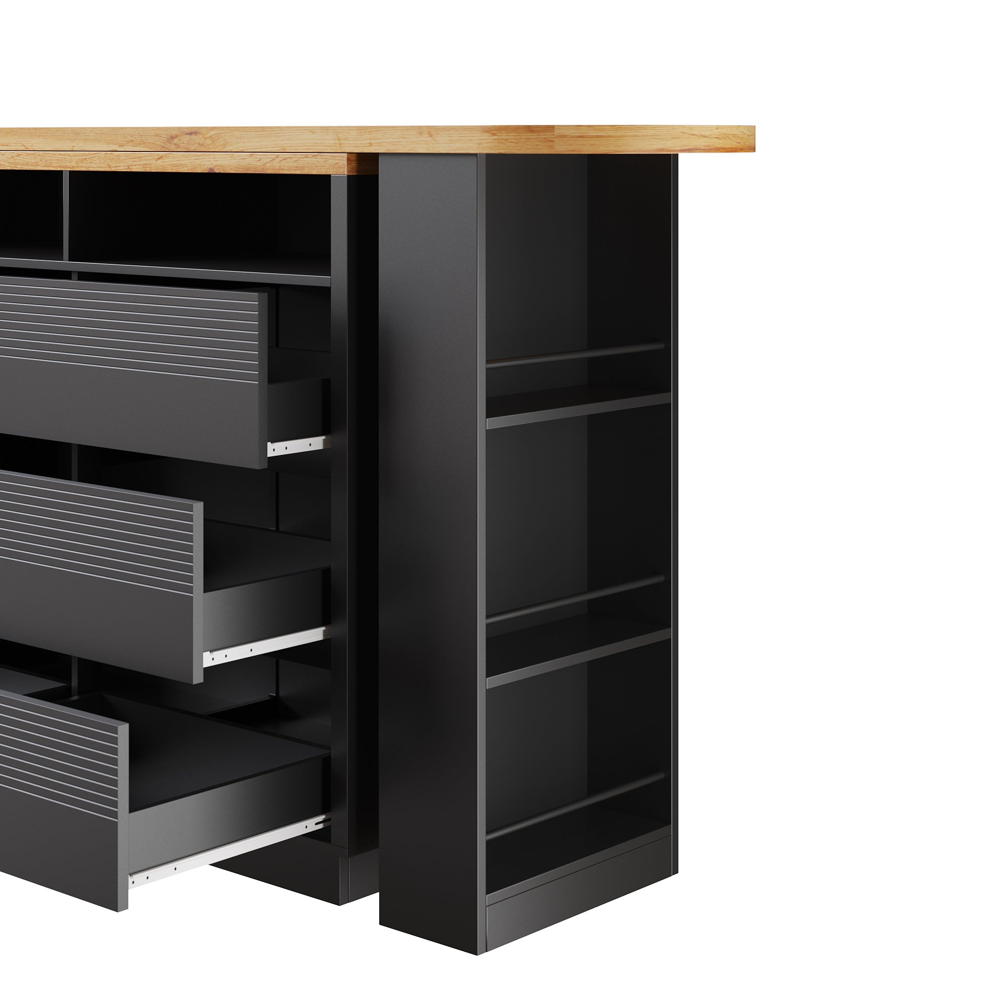 Meuble de bar de cuisine extensible - et rotation à 360° - 215x39x102cm - 6 tiroirs - table bistro - avec étagères latérales - Noir - 7