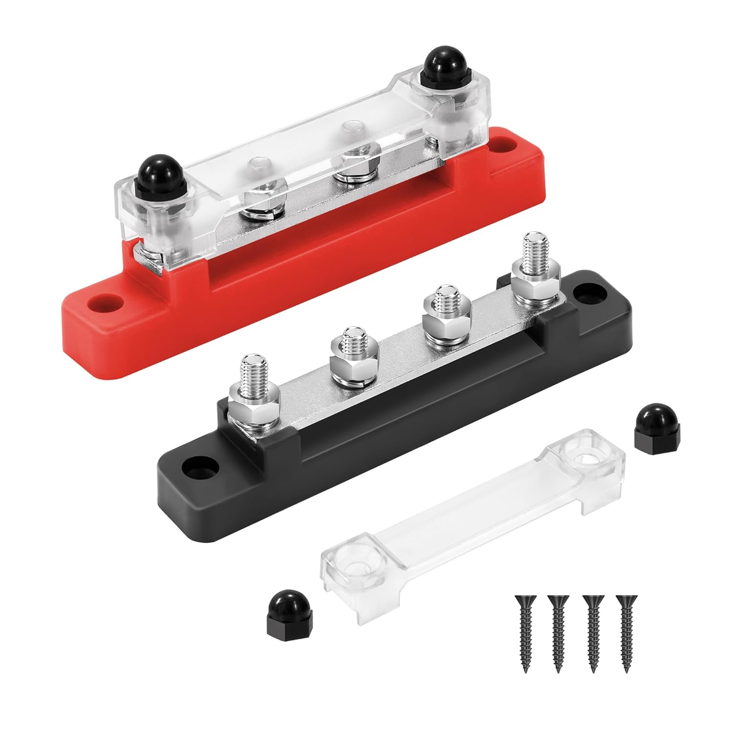 2 szt. 12V-48V DC Blok rozdzielczy zasilania szyny zbiorczej 150A z 4 śrubami zaciskowymi M6 do samochodów ciężarowych, łodzi, czerwony, czarny