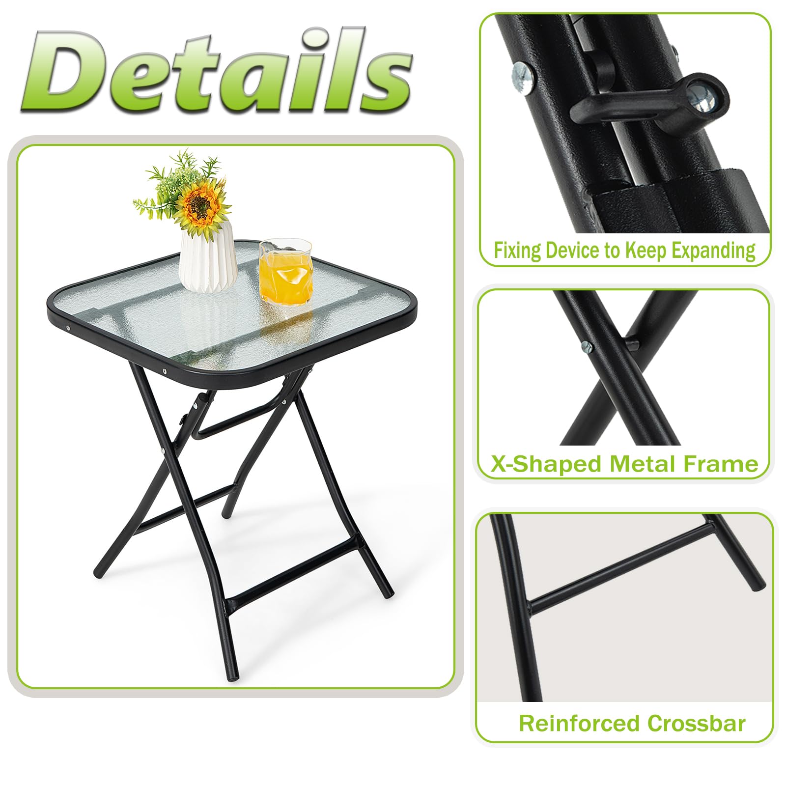 Table de Jardin Pliable, Table de Bistrot avec Plateau en Verre et Cadre en Métal, Table latérale Ronde, pour Balcon, Terrasse - 4