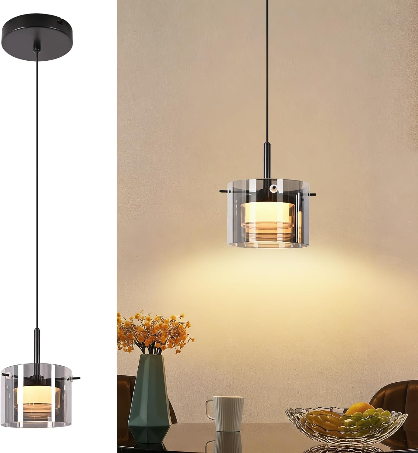 NETTLIFE Szklana Lampa Wisząca LED 1-punktowa, Nowoczesny Żyrandol Regulowana Wysokość 140cm do Salonu i Sypialni