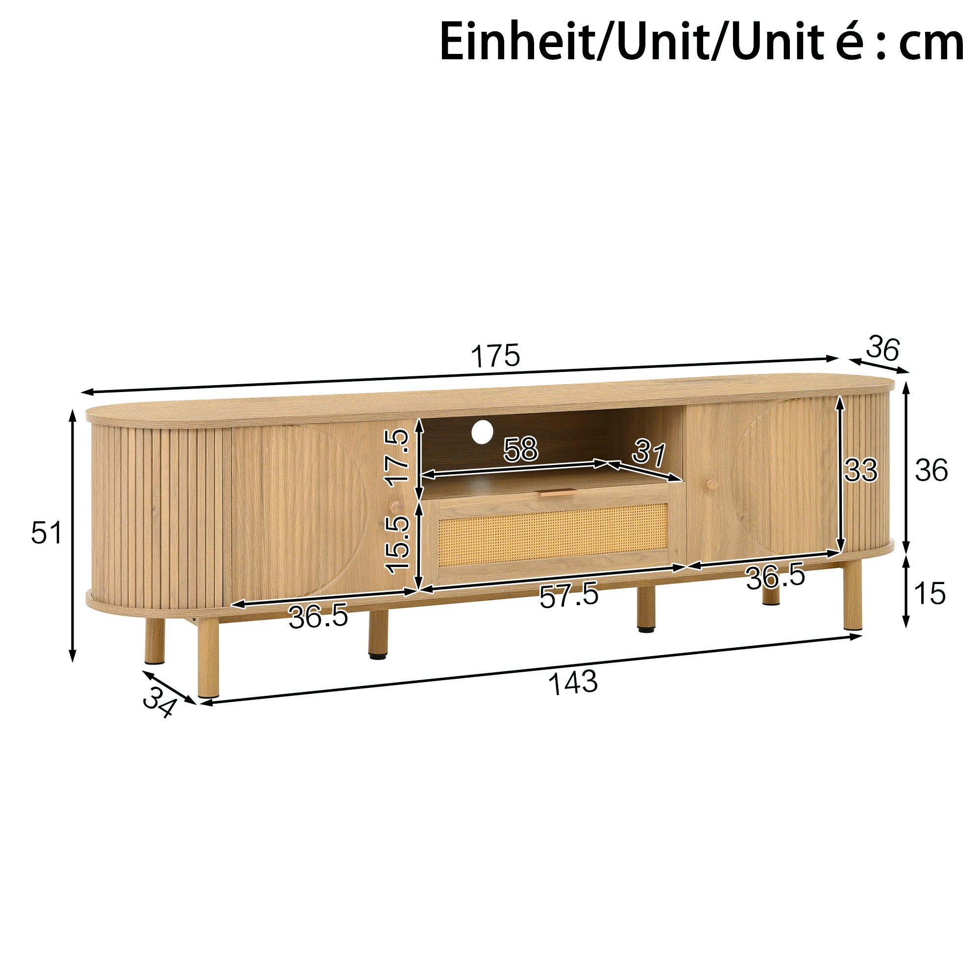 Meuble TV bas 175x36x51 cm couleur boir, Meuble tele avec tiroirs et pieds métal, Plateau arrondi et 5 rangements - 9