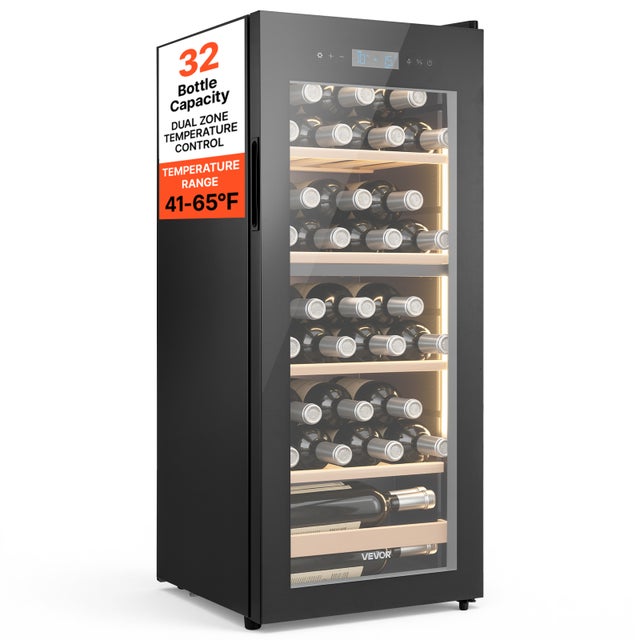Cave à Vin VEVOR 32 Bouteilles, Cave de Vieillissement Autoportante Double Zone, pour Rouges Blancs Champagnes Effervescents Maison Bar