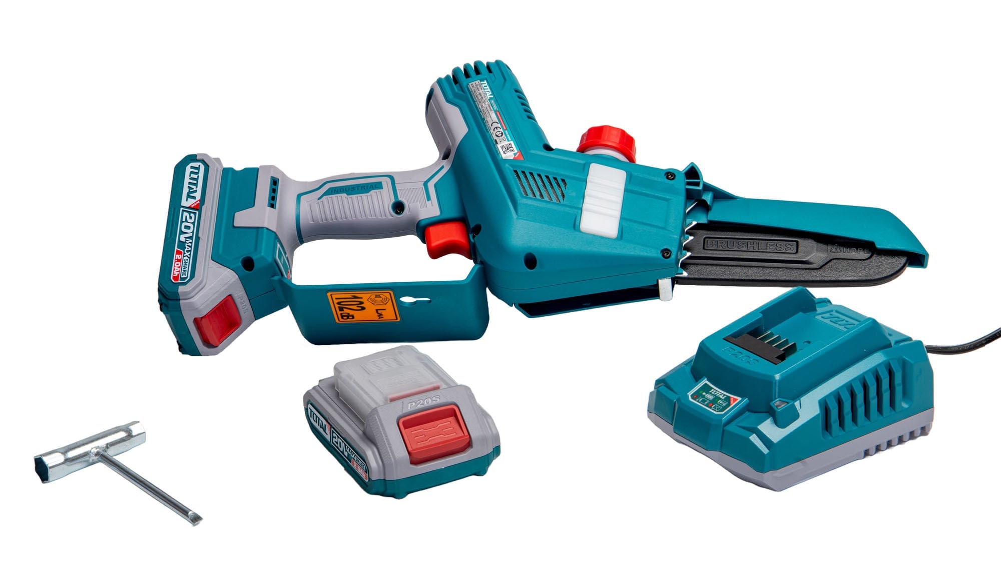 Minifierastrau cu acumulator TOTAL Li-ion 20V, lungimea lamei 15cm, viteza lantului 11m/s, include 2 acumulatori 2 Ah si incarcator