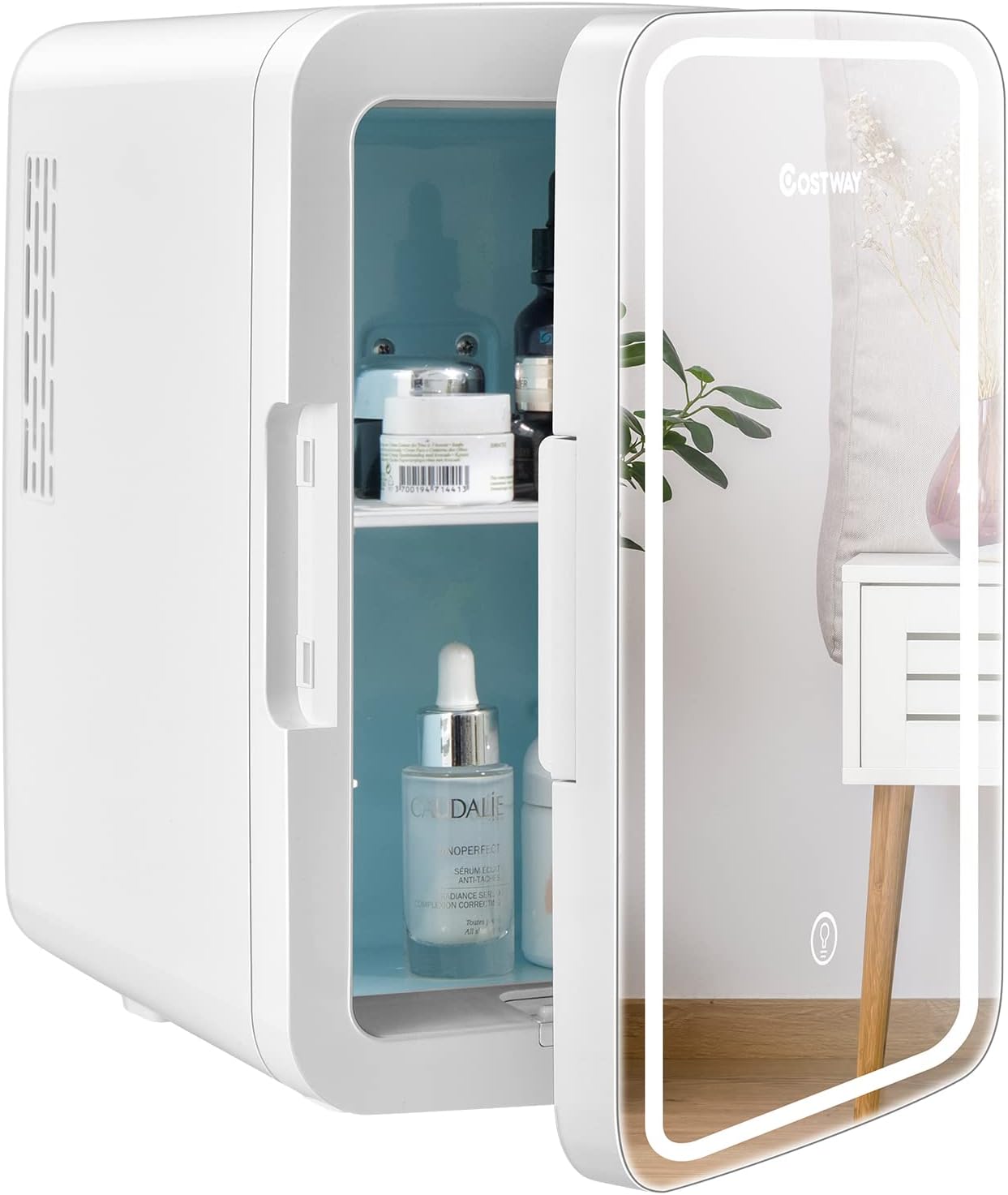 10 l mini lodówka szklana, lodówka Skincare Fridge, AC/DC Mini Fridge z 3-stopniową jasnością, lusterko dotykowe, chłodnica i ogrzewacz,