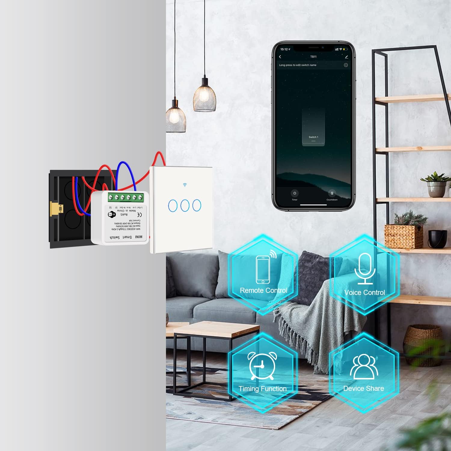 Interrupteur intelligent WiFi, compatible avec Alexa/Google Home, contrôle à distance via application, bidirectionnel 16A (lot de 4) - 4