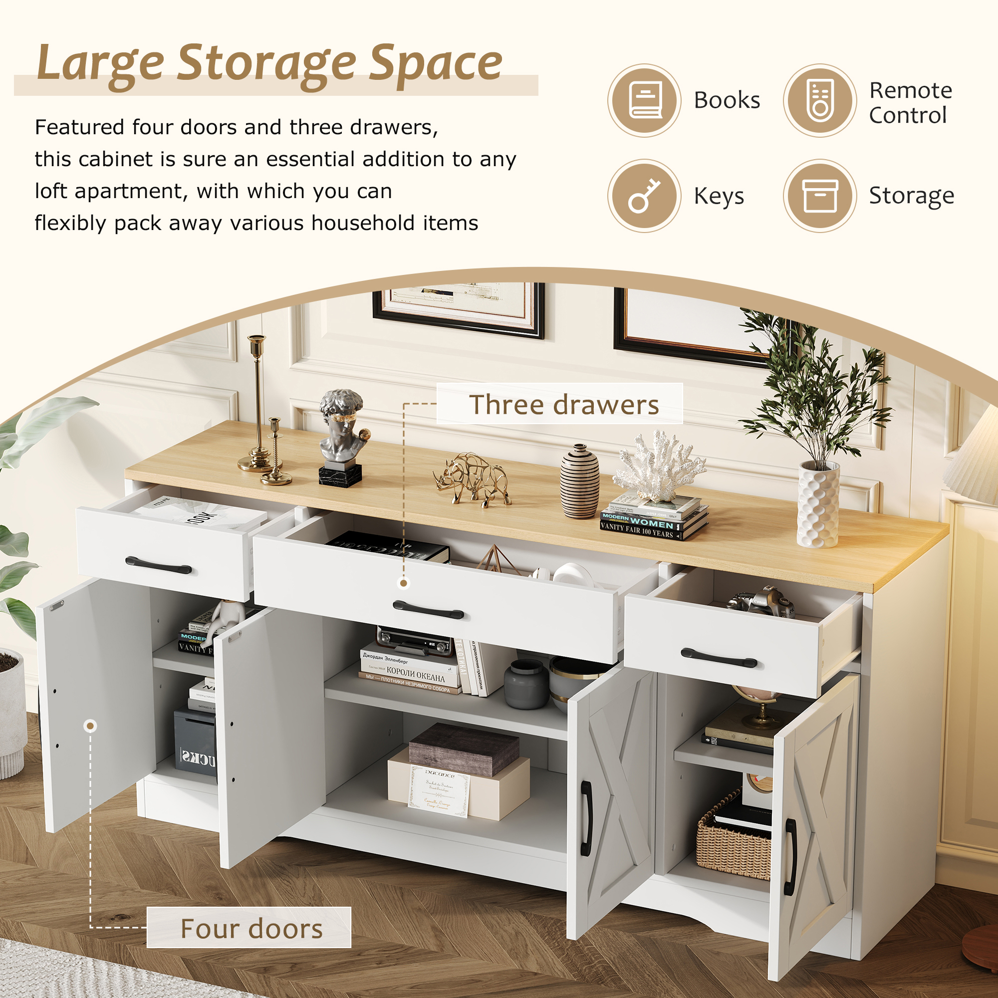Buffet moderne avec 4 portes et 3 tiroirs - 160 x 37 x 75 cm - Bois MDF - Etagères réglables - Blanc et bois - 7