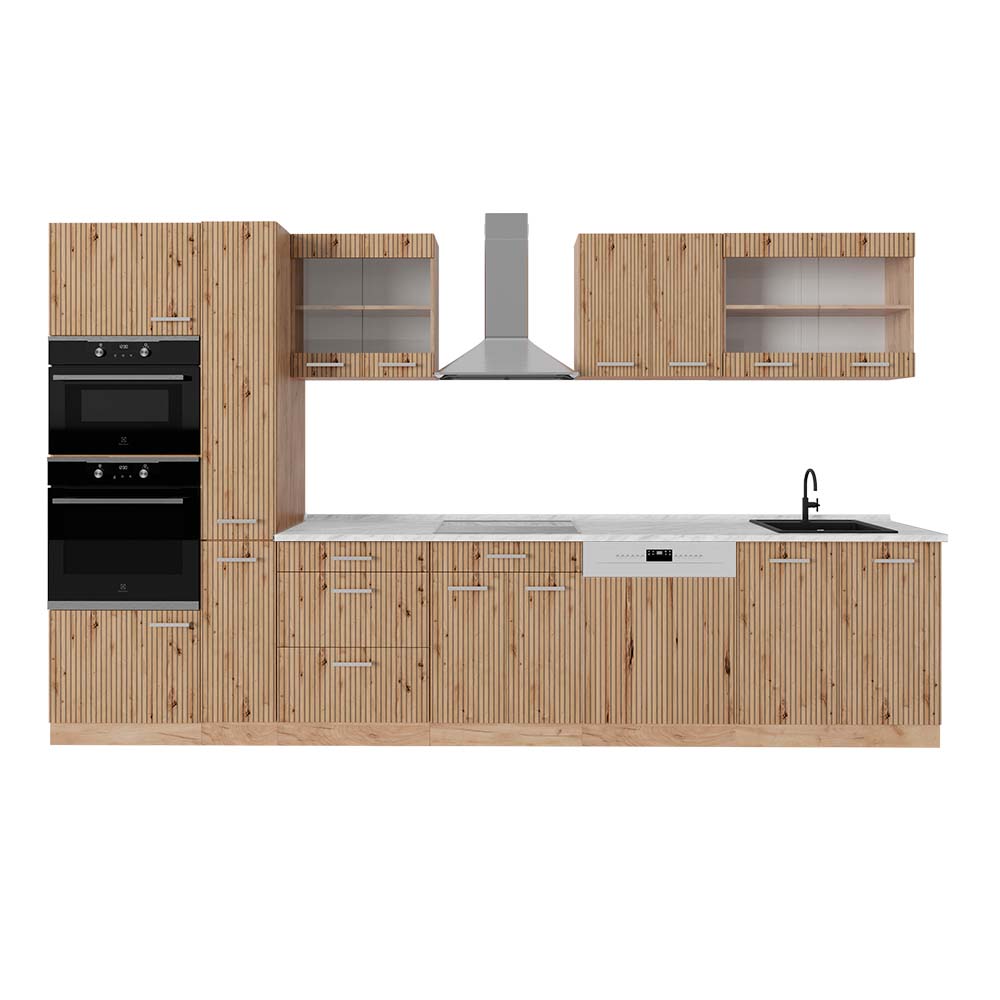 Vicco Zabudowa kuchenna R-Line, Dąb Artisan/Dąb Goldkraft, 350 cm z wysoką szafką, BR Marmur