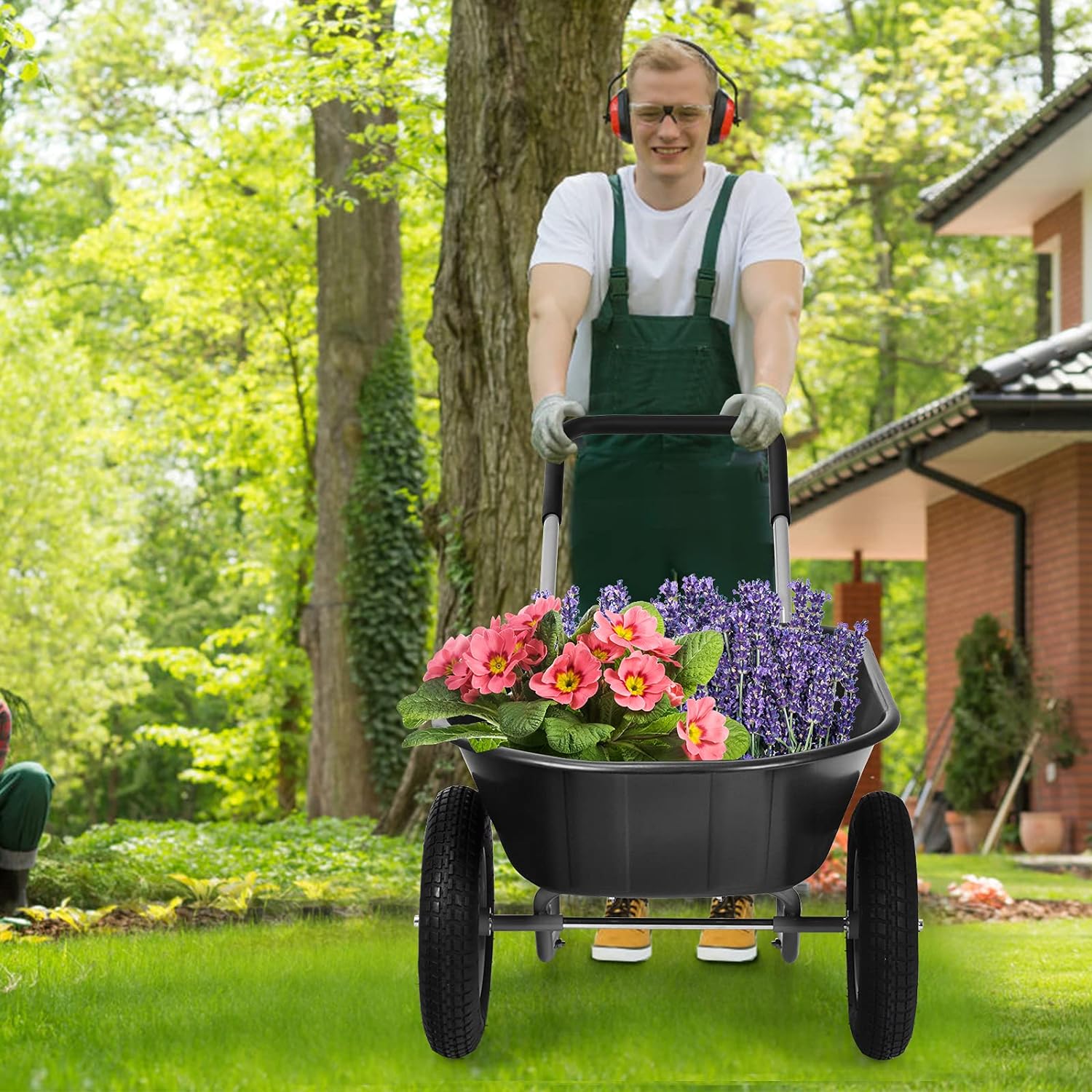 Brouette de jardin 2 roues pneus pneumatiques ø35cm 141l charge max 100kg résistante en fer noir - 2