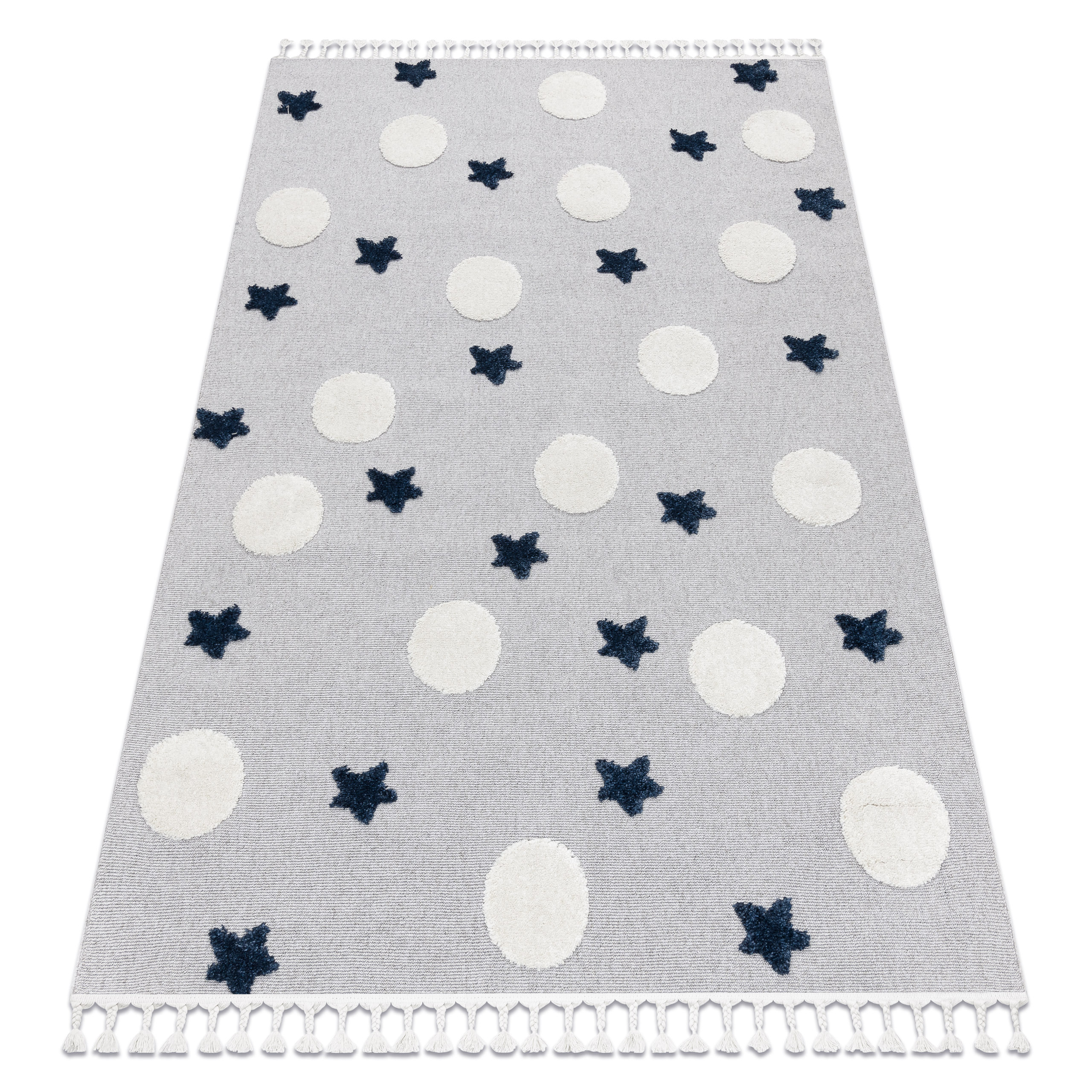 Alfombra yoyo gd75 gris / blanco - estrellas, circulos para niños, estructural, sensorial flecos 200x290 cm