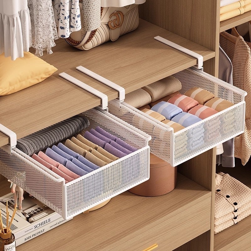 BOMCLAP Cloison coulissante pour penderie, boîte de rangement pour chaussettes suspendue à un meuble, panier suspendu style tiroir - 7