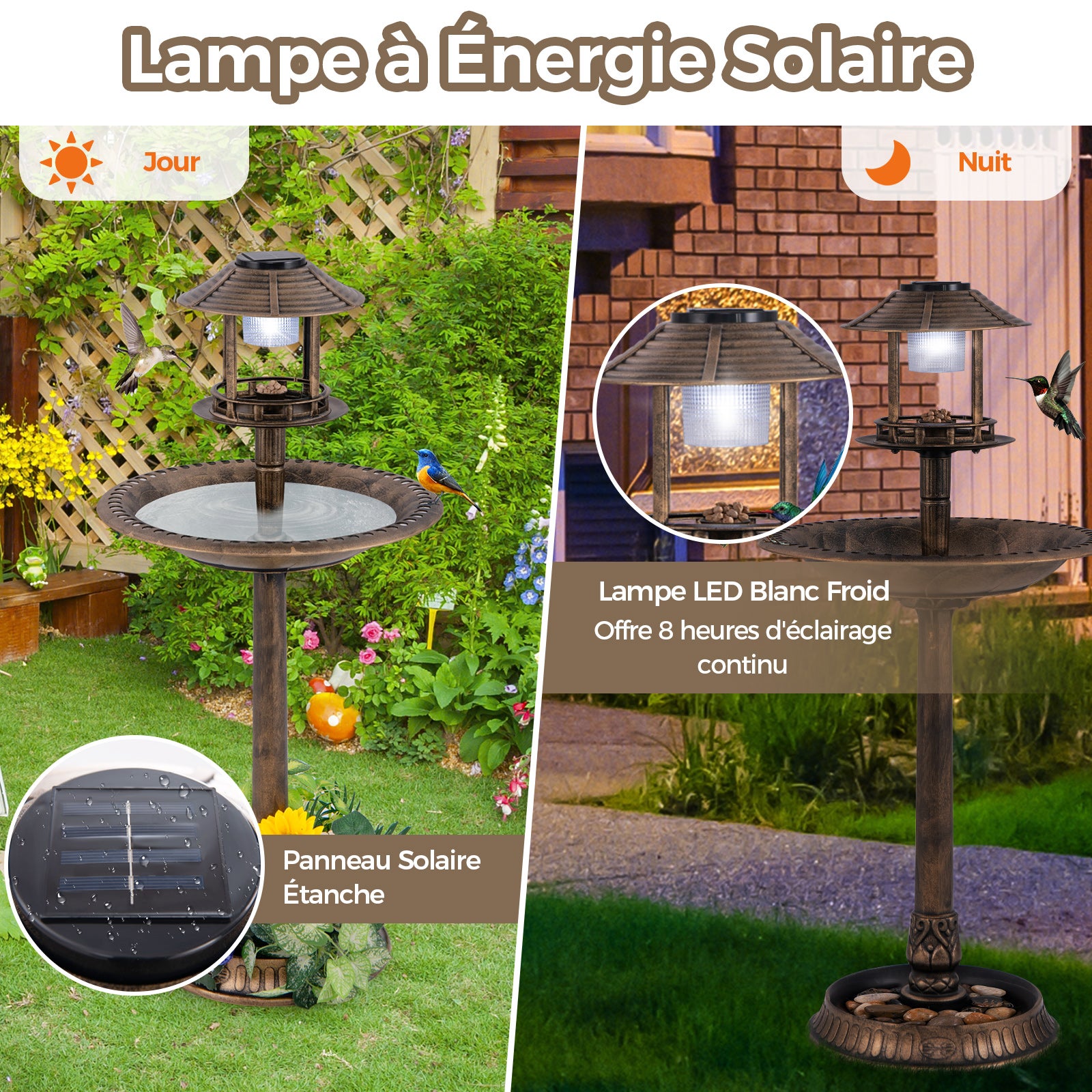 Banheira para pássaros 3 em 1 com energia solar, decoração exterior com suporte retroiluminado com lâmpada, bebedouro leve para pássaros para jardim, - 6