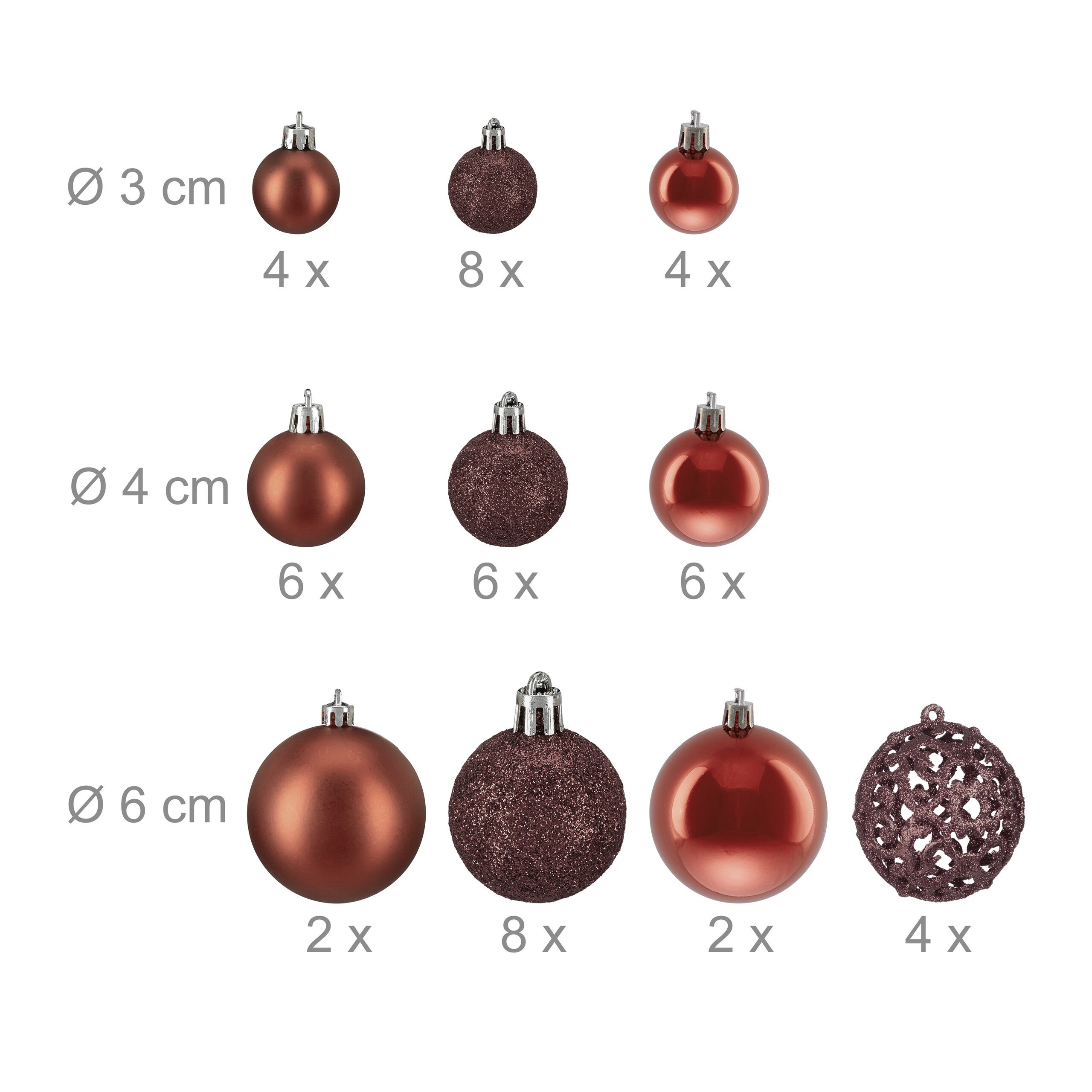 Boules de Noël en plastique, lot de 50, mates, brillantes et pailletées, ø 3, 4 et 6 cm, brunes, Relaxdays - 4