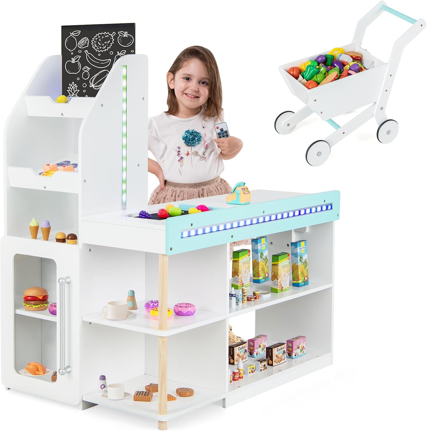 Marchande En Bois Enfant, Supermarché Enfant Avec Chariot De Courses Caisse Enregistreuse Scanner Tableau Noir Grand Rangement 98271541
