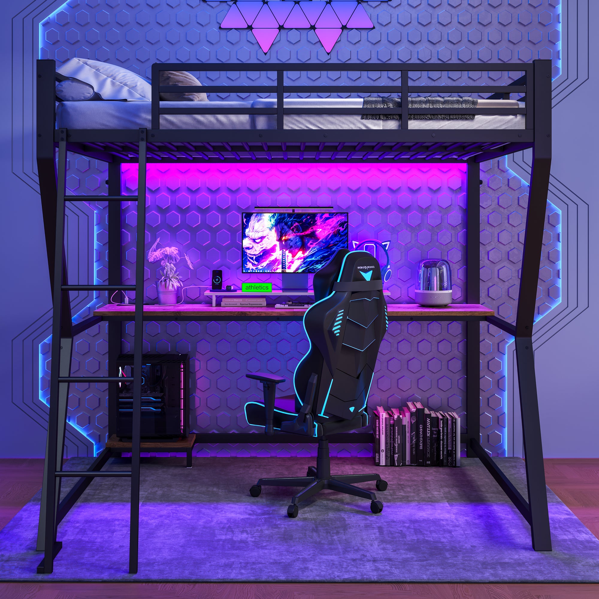 Lit mezzanine 140x200 cm - avec éclairage LED - avec bureau - prise de courant + USB - avec escalier - noir - 2