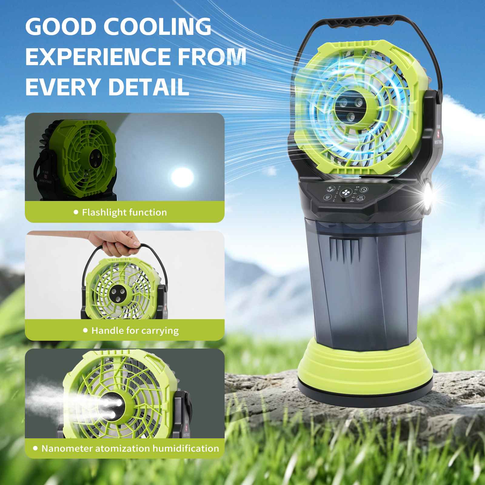 Ventilateur Brumisateur Portable F65 15000mAh Rechargeable Vert Haute Puissance Refroidisseur Air Extérieur Intérieur Silencieux - 5