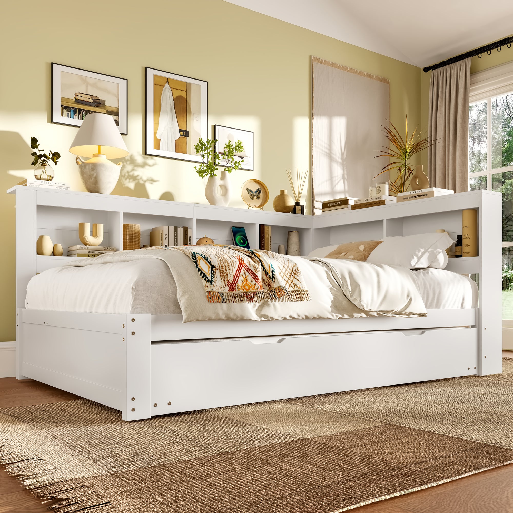 letto contenitore 140x200 cm, 2 cassetti, presa e 2 USB, MDF e pino, Bianco, senza materasso - 2