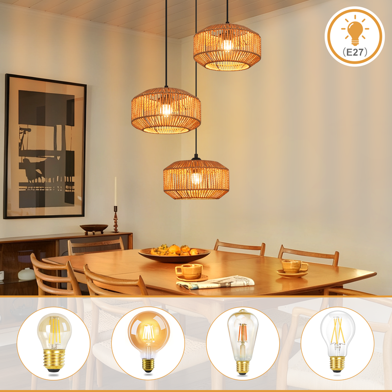 Nettlife Lampada Sospensione Rattan Φ25 Vintage Tavolo Pranzo - 1 Luce, Design Retrò, E27 (Senza Lampadina) - 5