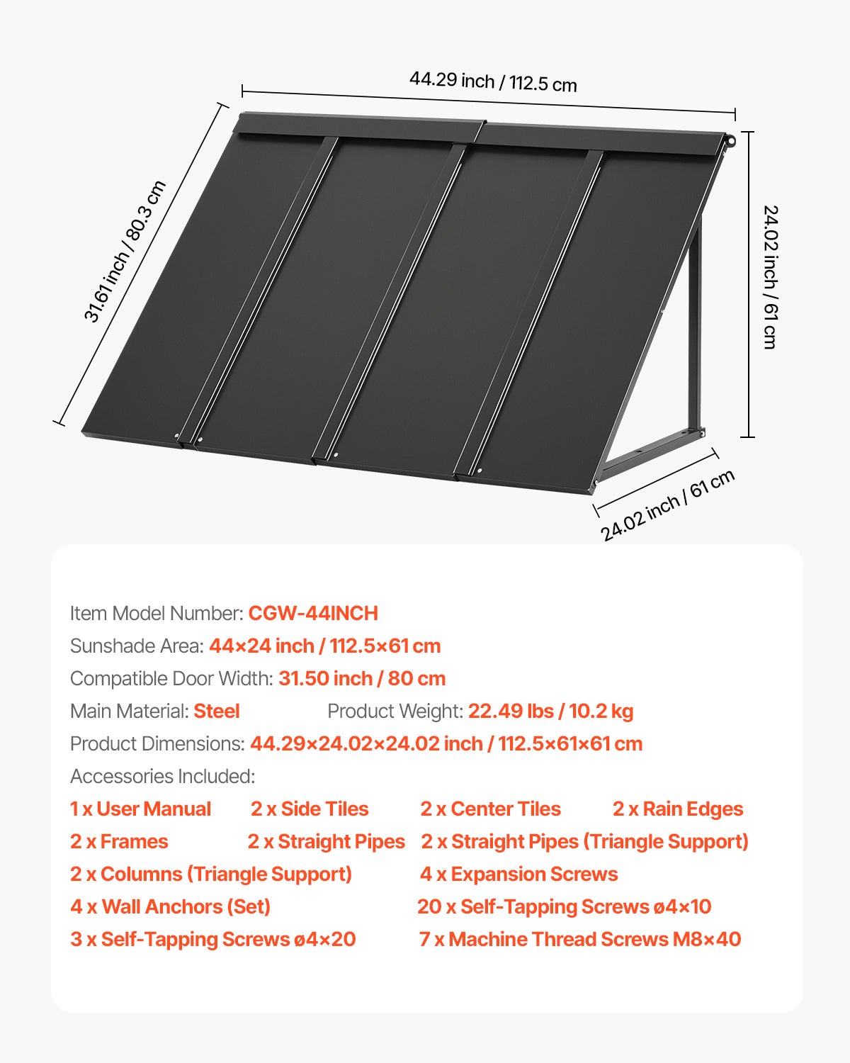 Toldos de Porta VEVOR 112,5x61 cm,marquise externa em metal,estrutura de aço,abrigo contra chuva,neve,sol,toldo para portas,janelas,varandas - 7