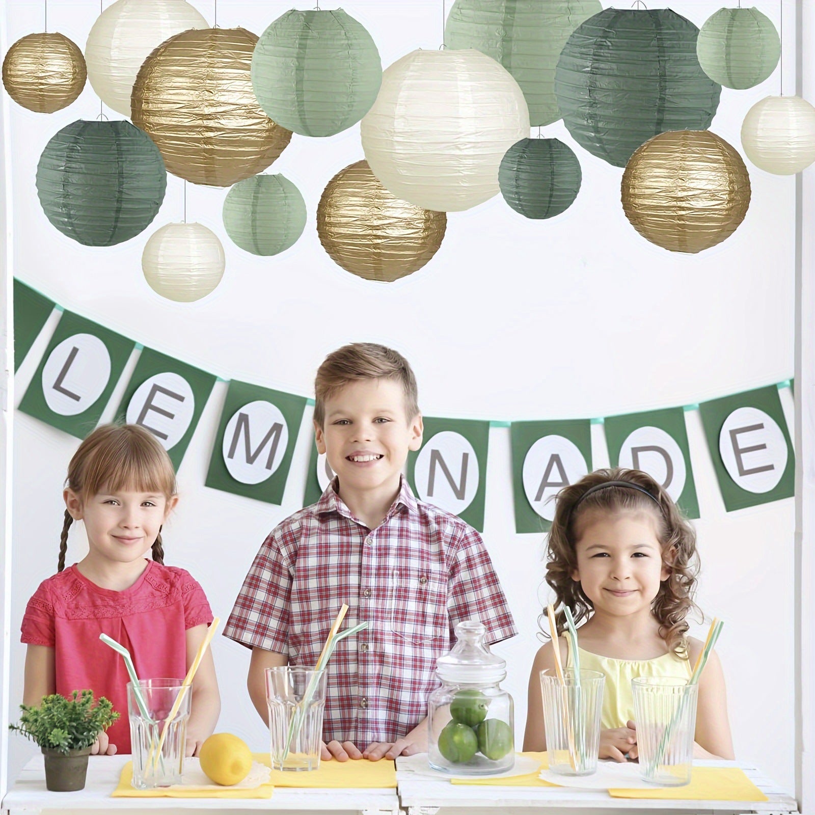 15 Lanternes en Papier Vert Sauge,Crème et Doré - Décoration Parfaite pour Mariages, Anniversaires, Fêtes Prénatales et Jardins 25cm - 6